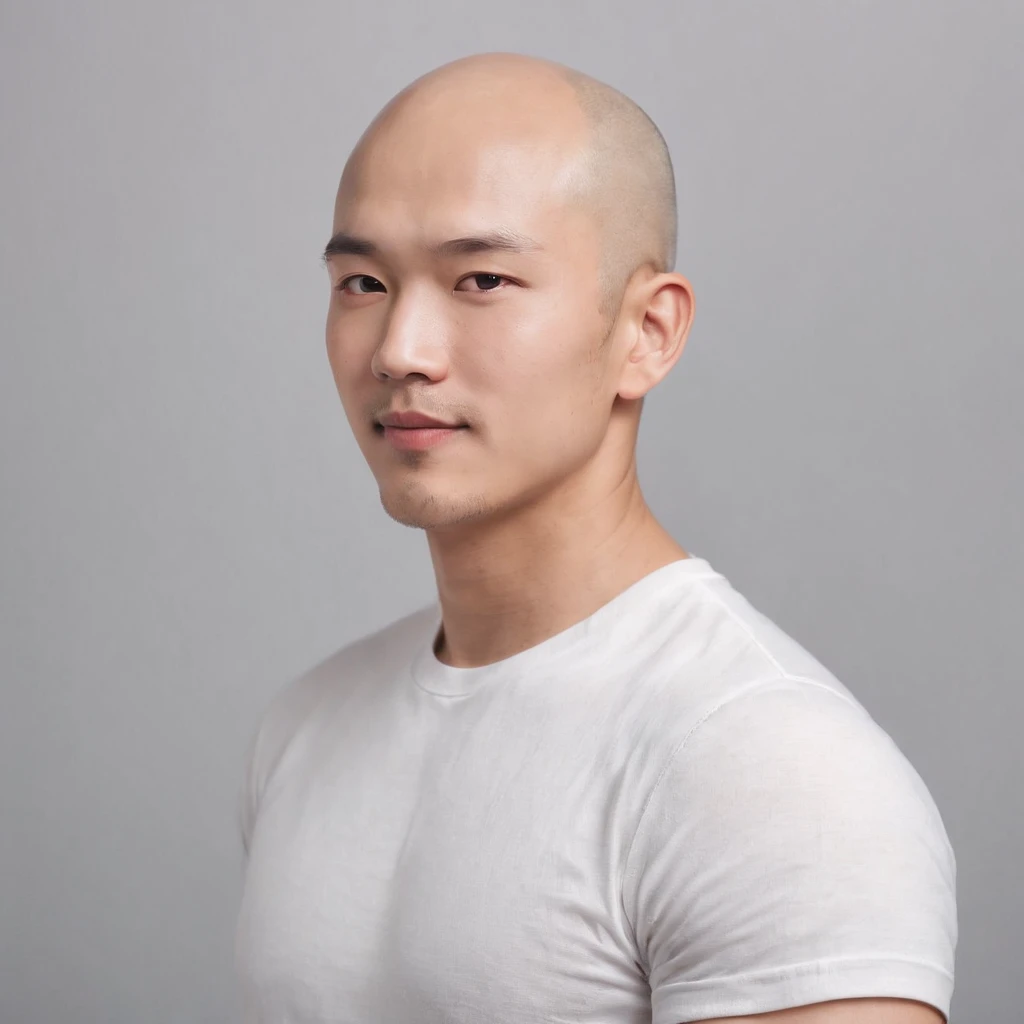 (Photo: 1.3) af (realistic: 1.3), East Asian man, ((bald)),soft light, clear face, front, ((white T-shirt)), cheerful, warm light, ((gray-white gradient background)),(background)) ,avatar,(,handsome,young,((avatar))