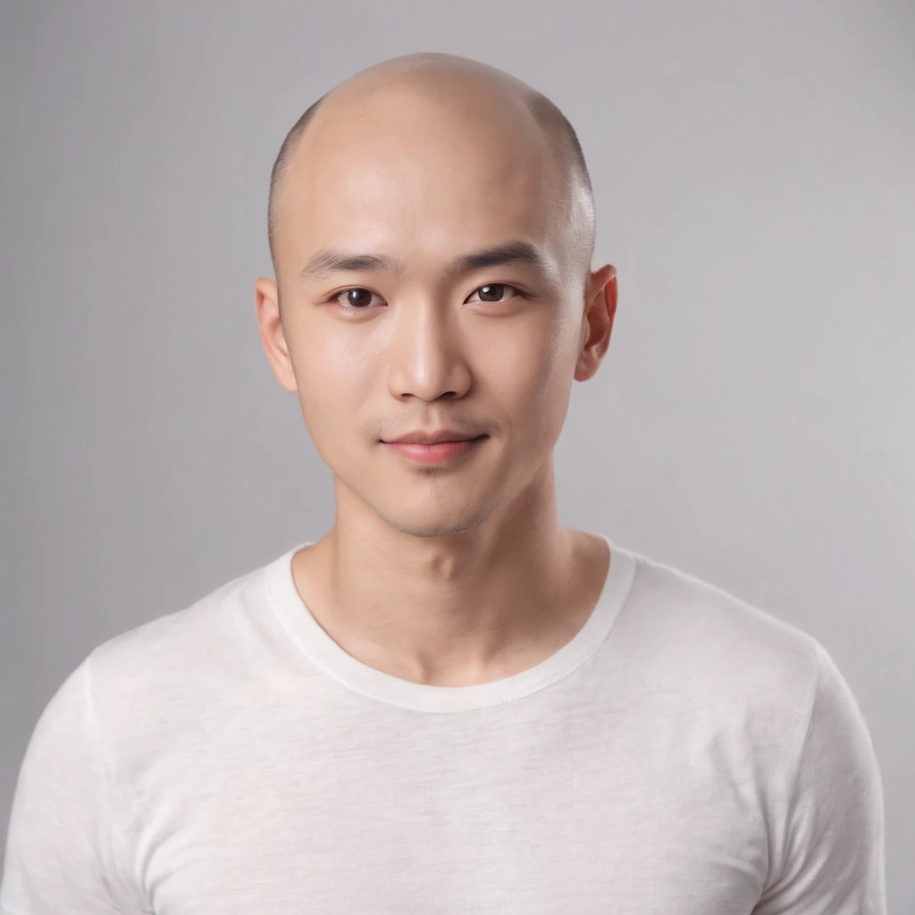(Photo: 1.3) af (realistic: 1.3), East Asian man, ((bald)),soft light, clear face, front, ((white T-shirt)), cheerful, warm light, ((gray-white gradient background)),(background)) ,avatar,(,handsome,young,((avatar))