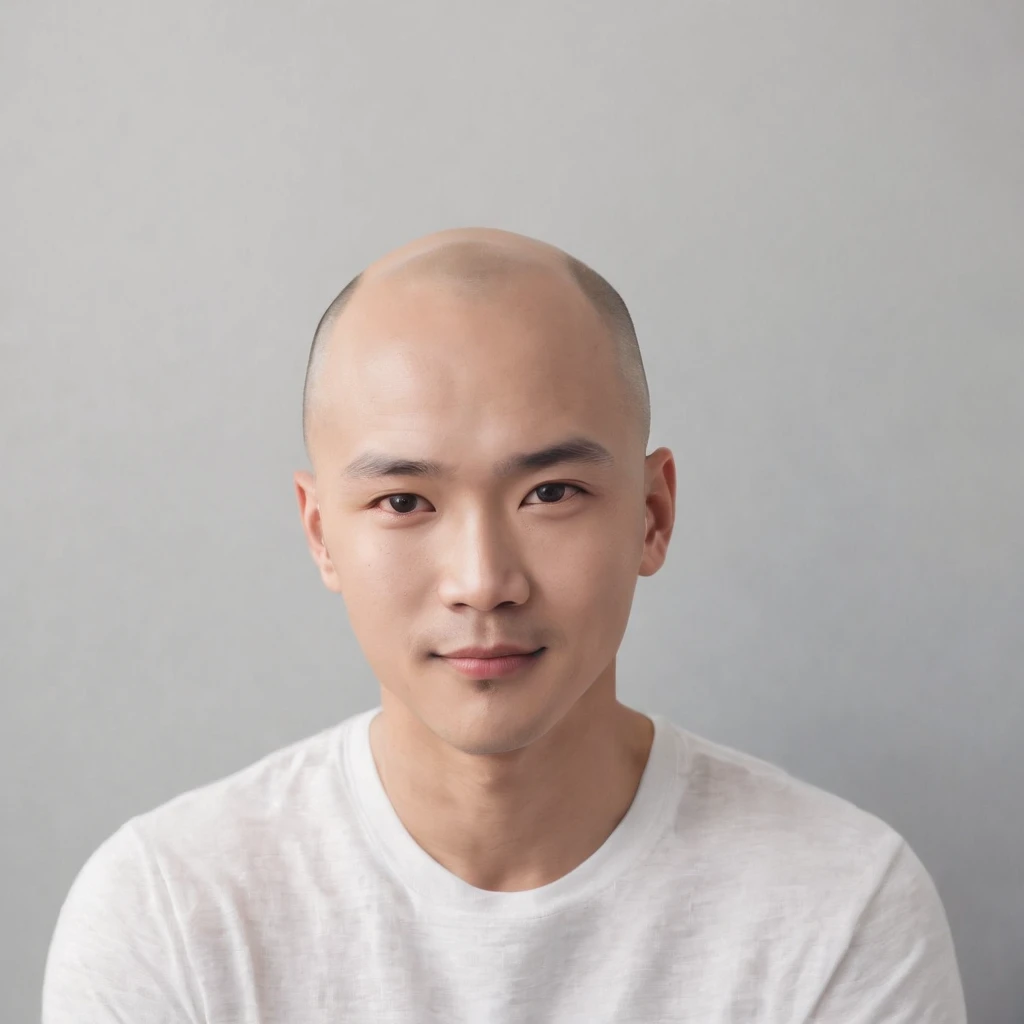 (Photo: 1.3) af (realistic: 1.3), East Asian man, ((bald)),soft light, clear face, front, ((white T-shirt)), cheerful, warm light, ((gray-white gradient background)),(background)) ,avatar,(,handsome,young,((avatar))