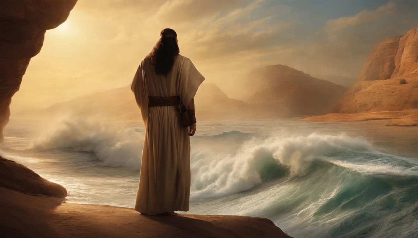 The sea splits, And those who cross the rift, Moses crosses the Red Sea, Crossing the sea like a land, With a lot of people, million ,The Staff or Moses ,desert,Old gowns,,History reference,High-quality artwork and details,Realistic portrait style,Subtle color palette,vibrant background,natural textures,Deep Shadows,Subtle highlights,Historical accuracy,meticulous attention to detail,Emotional depth and intensity,Authentic Representation,Thought-provoking,Spiritual atmosphere,A Sense of Ancient Wisdom,Profound impact