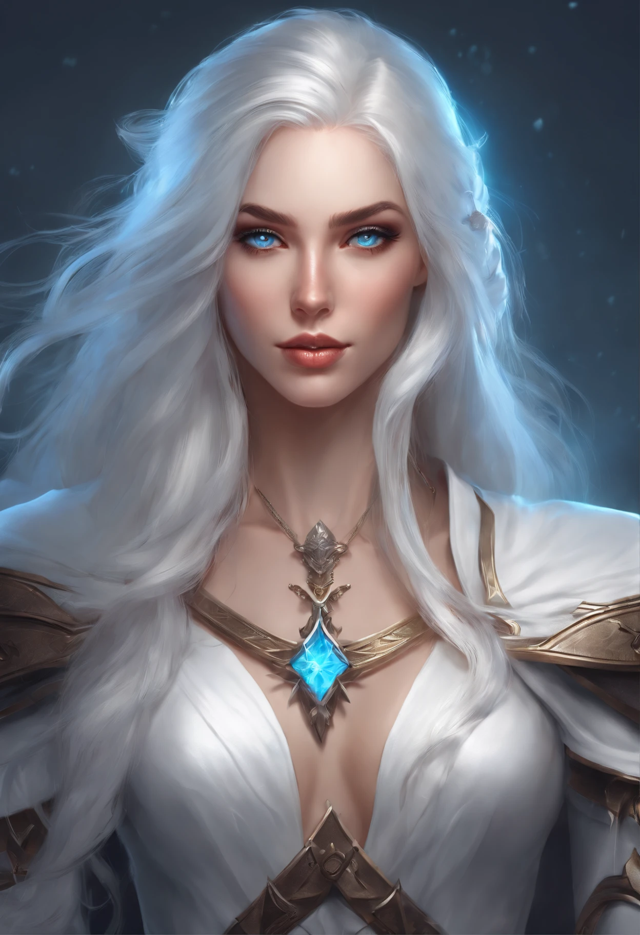 a woman with long white hair and blue eyes holding a sword, a character portrait inspired by rossdraws, Artstation contest winner, fantasy art, cyborg - girl with silver hair, perfect white haired girl, extremely detailed artgerm, artgerm and rossdraws, a beautiful sorceress, style artgerm, painted in the style arcane
