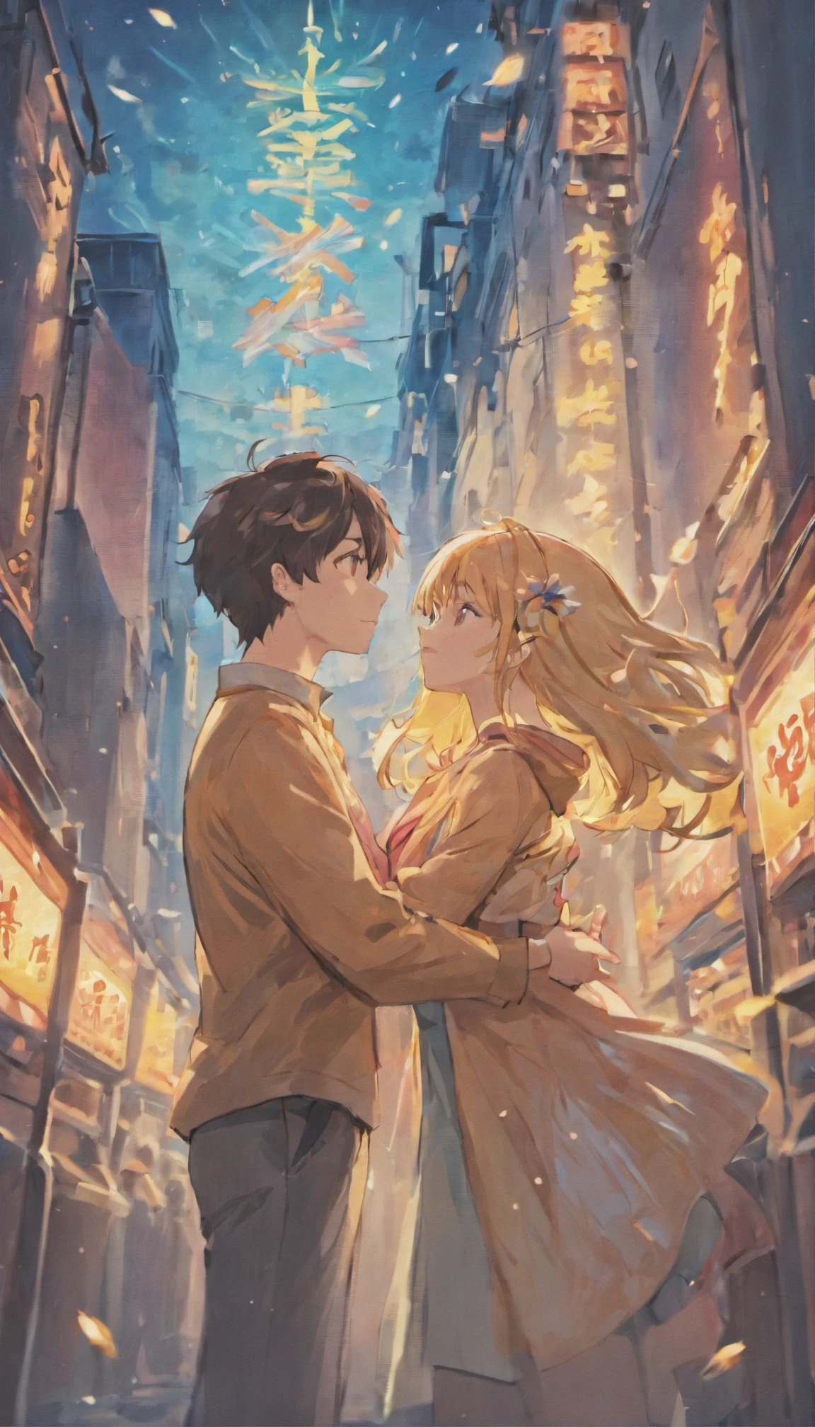 Couples hug,a parte superior do corpo,Um com,uma meninas cerejeiras em flor,Cherry blossoms fluttering,low saturation,pale-blue( Reasonable design, linhas claras, alta nitidez,best quality, Very detailed, master part, Efeito de luz do filme, 4k )