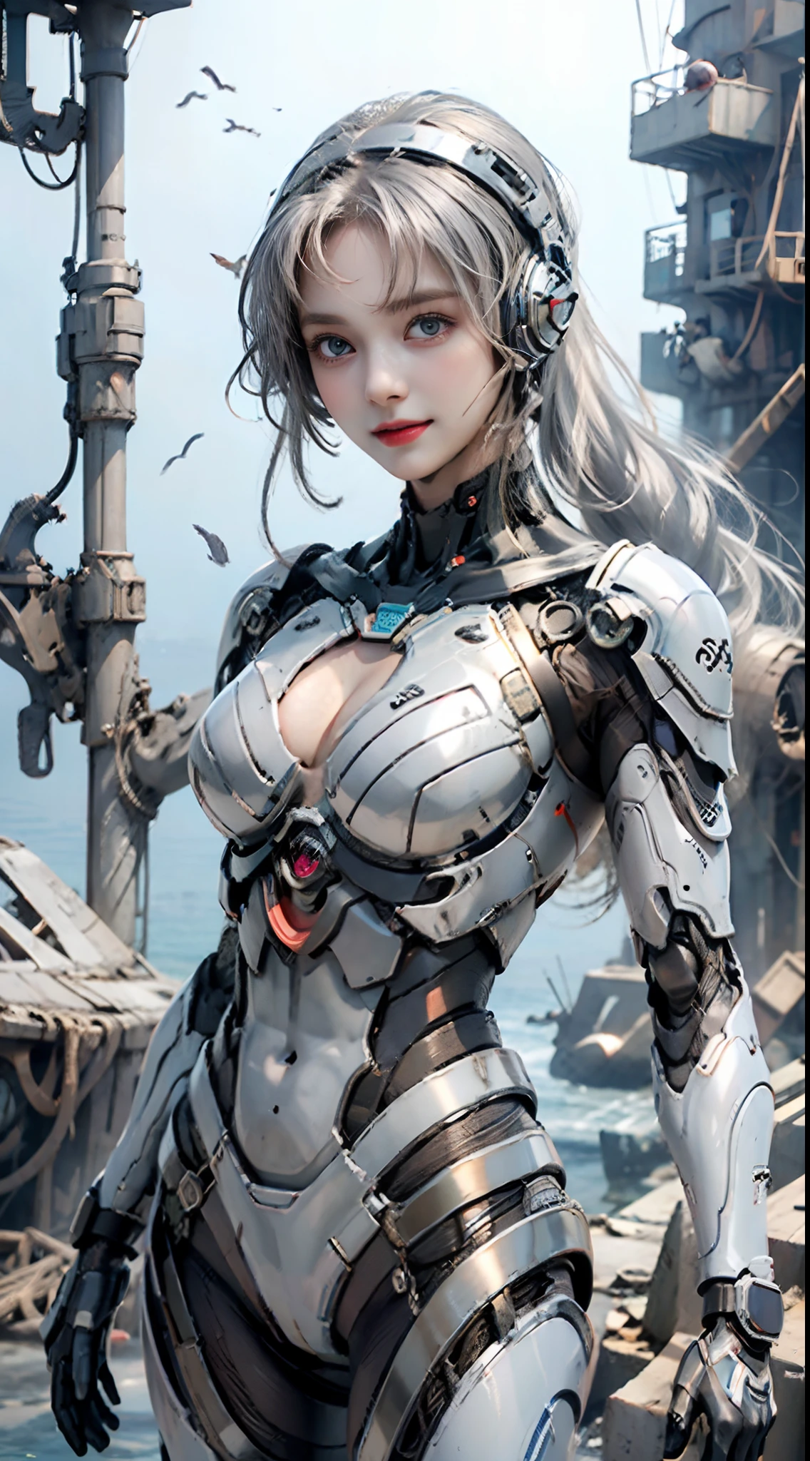 8K, best quality, masterpiece, super high resolution, (realism: 1.4) girl futuristic suit, at the bottom of the sea, sunken plane wreckage, underwater world, deep sea, mechanically manufactured fish, mechanical turtle, real woman, cleavage, real face, cute girl, smile, perfect cyborg girl wearing sci-fi headphones, beautiful female , beautiful girl cyborg, silver hair, manipulator, CG,