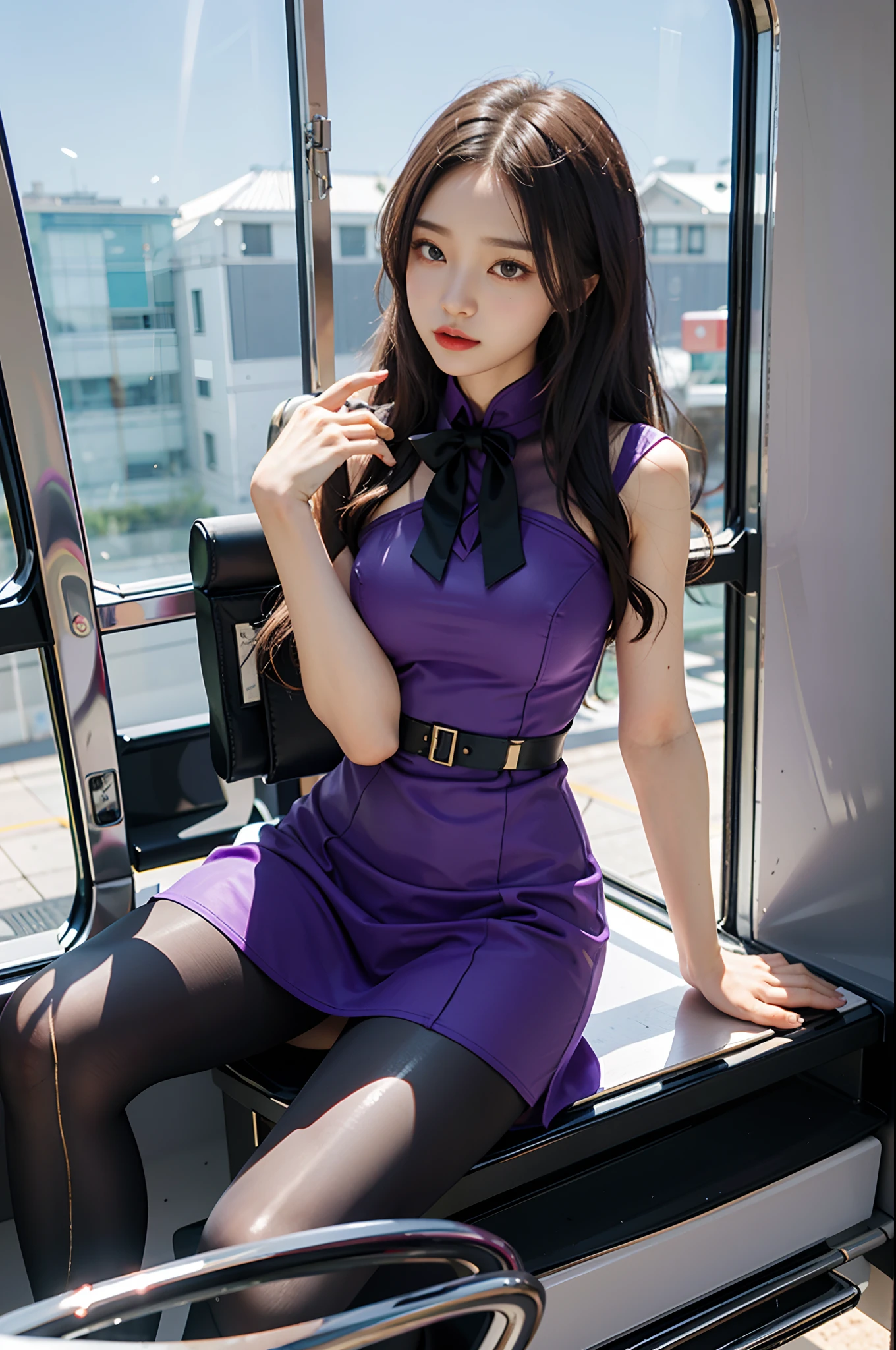 Purple flight attendant uniform dress，Has a neckline and bow tie, Purple dress, Cheongsam, smooth purple skin, Sexy dress, purple skin color, height of 165cm, Black stockings and leggings，high-heels，sakimichan, gorgeous chinese models, Purple attire, Dark purple, wearing headmistress uniform, tight attire, cute elegant pose, Tight dress