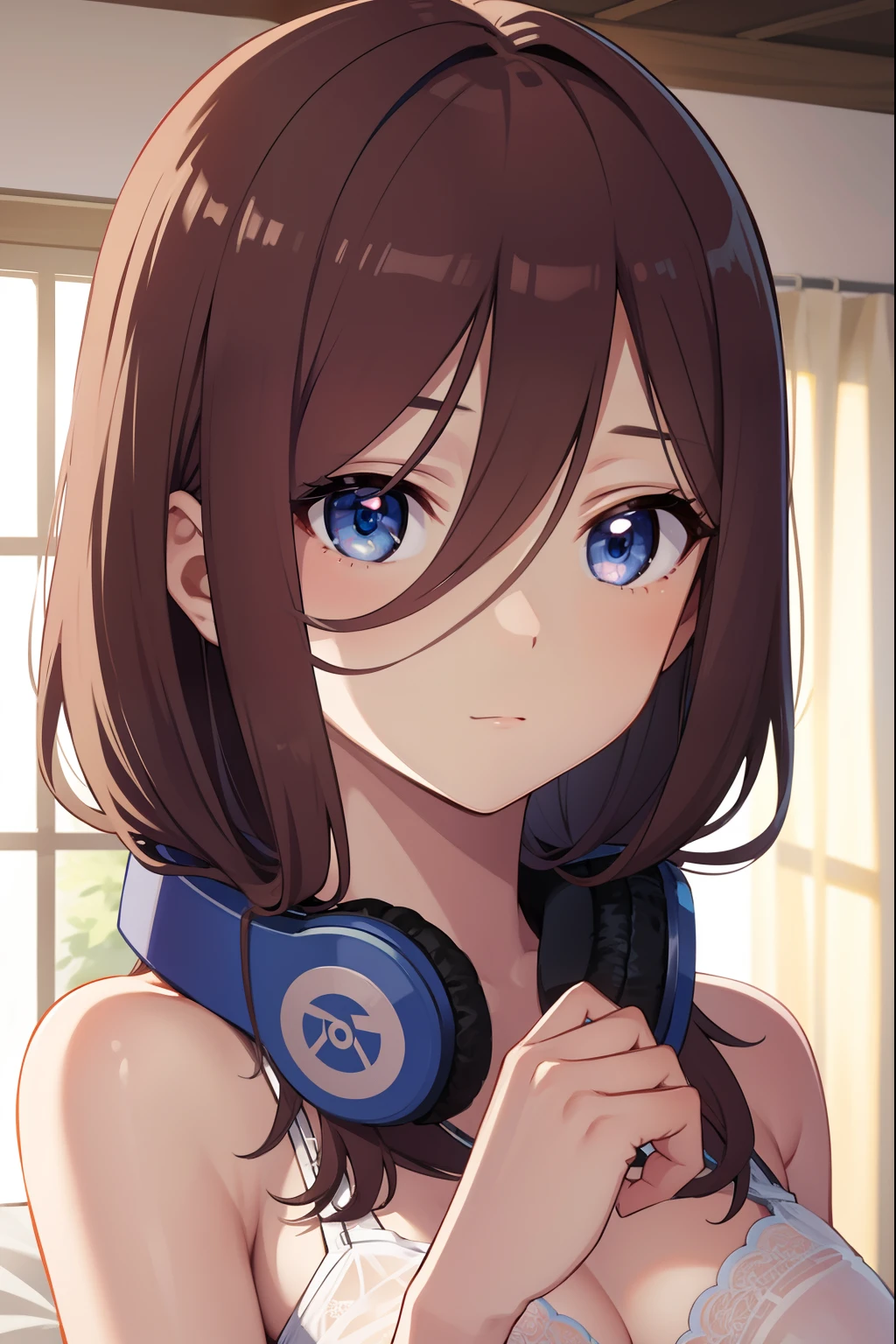 mikunakano, miku nakano, long hair, bangs, blue eyes, brown hair, hair between eyes, headphones, headphones around neck,
BREAK lingerie,
BREAK indoors, bed,
BREAK looking at viewer, BREAK (masterpiece:1.2), best quality, high resolution, unity 8k wallpaper, (illustration:0.8), (beautiful detailed eyes:1.6), extremely detailed face, perfect lighting, extremely detailed CG, (perfect hands, perfect anatomy),