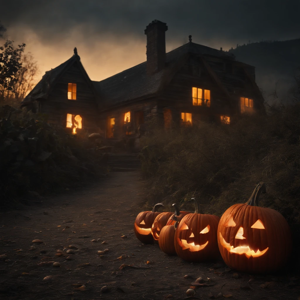(Best Quality,4K,8K,hight resolution,masutepiece:1.2),Ultra-detailed,(Realistic,Photorealistic,Photorealsitic:1.37),eery,Evil,haunted house,Pumpkins on Halloween background,Pumpkin Patch,Scary,creepy,Dark forest at night,ominous vibe,3D Rendering,Horror concept,Halloween banner background for holiday events