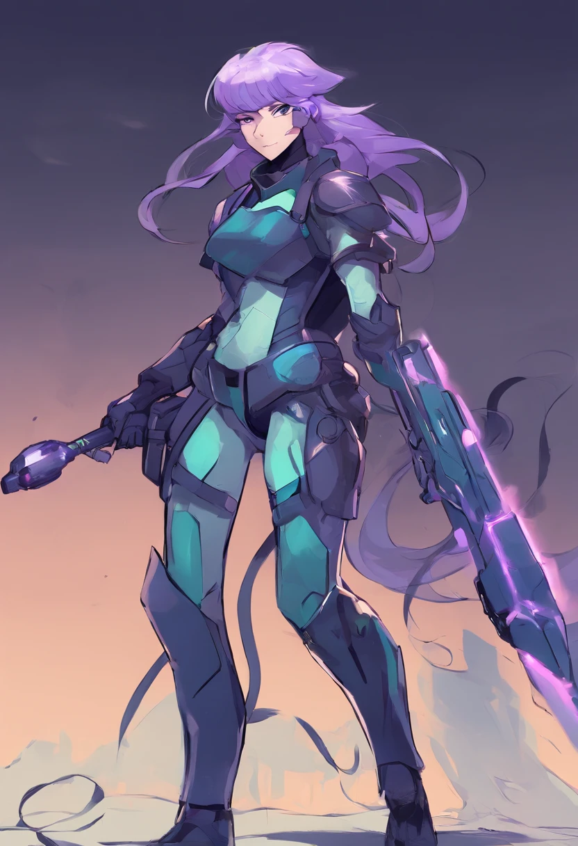 Reploid. Long flowing lavender hair. Wearing teal visor, dark blue breastplate armor with black bodysuit underneath. Holding an electric whip in hand. Wearing a utility belt.