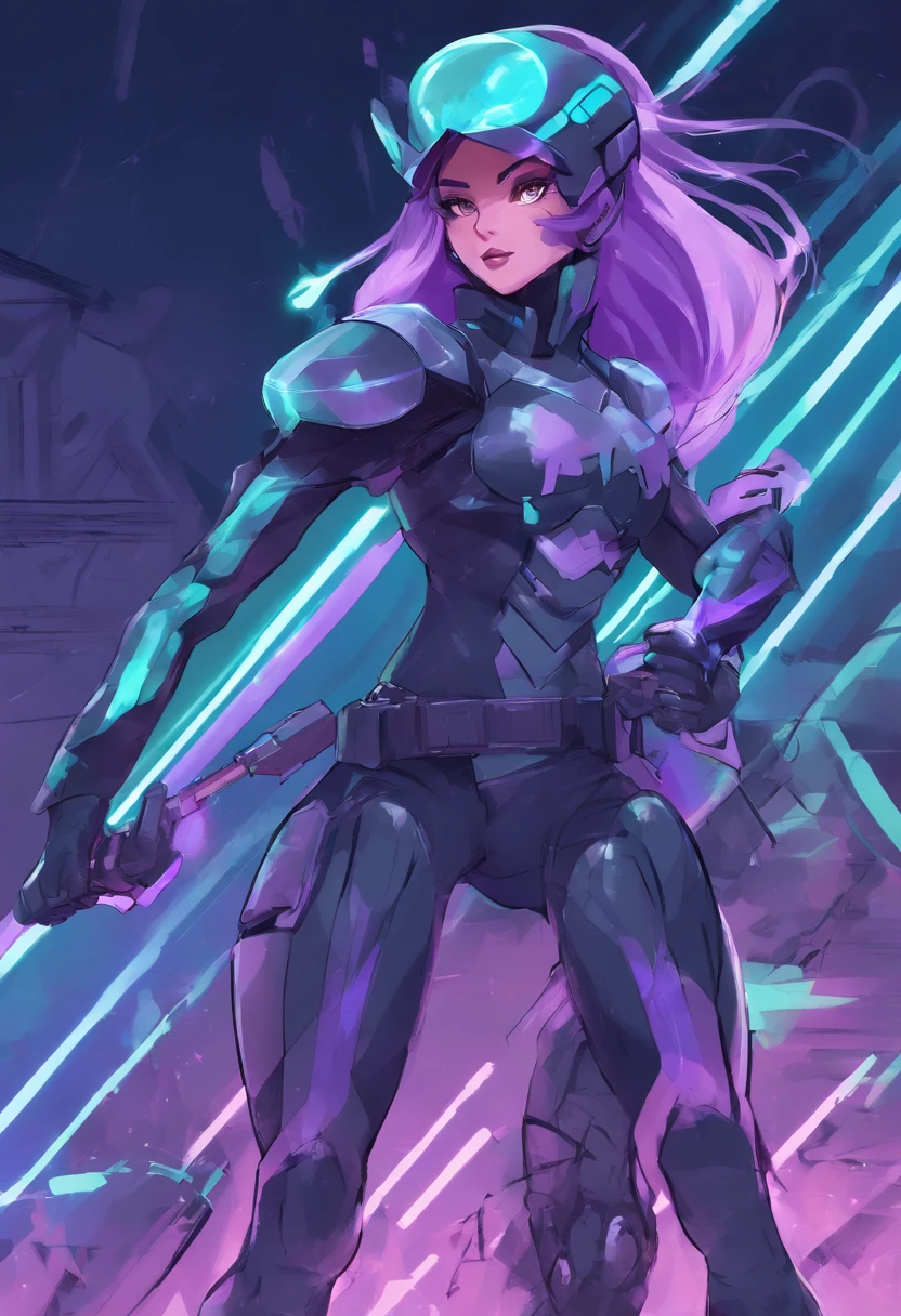 Reploid. Long flowing lavender hair. Wearing teal visor, dark blue breastplate armor with black bodysuit underneath. Holding an electric whip in hand. Wearing a utility belt.