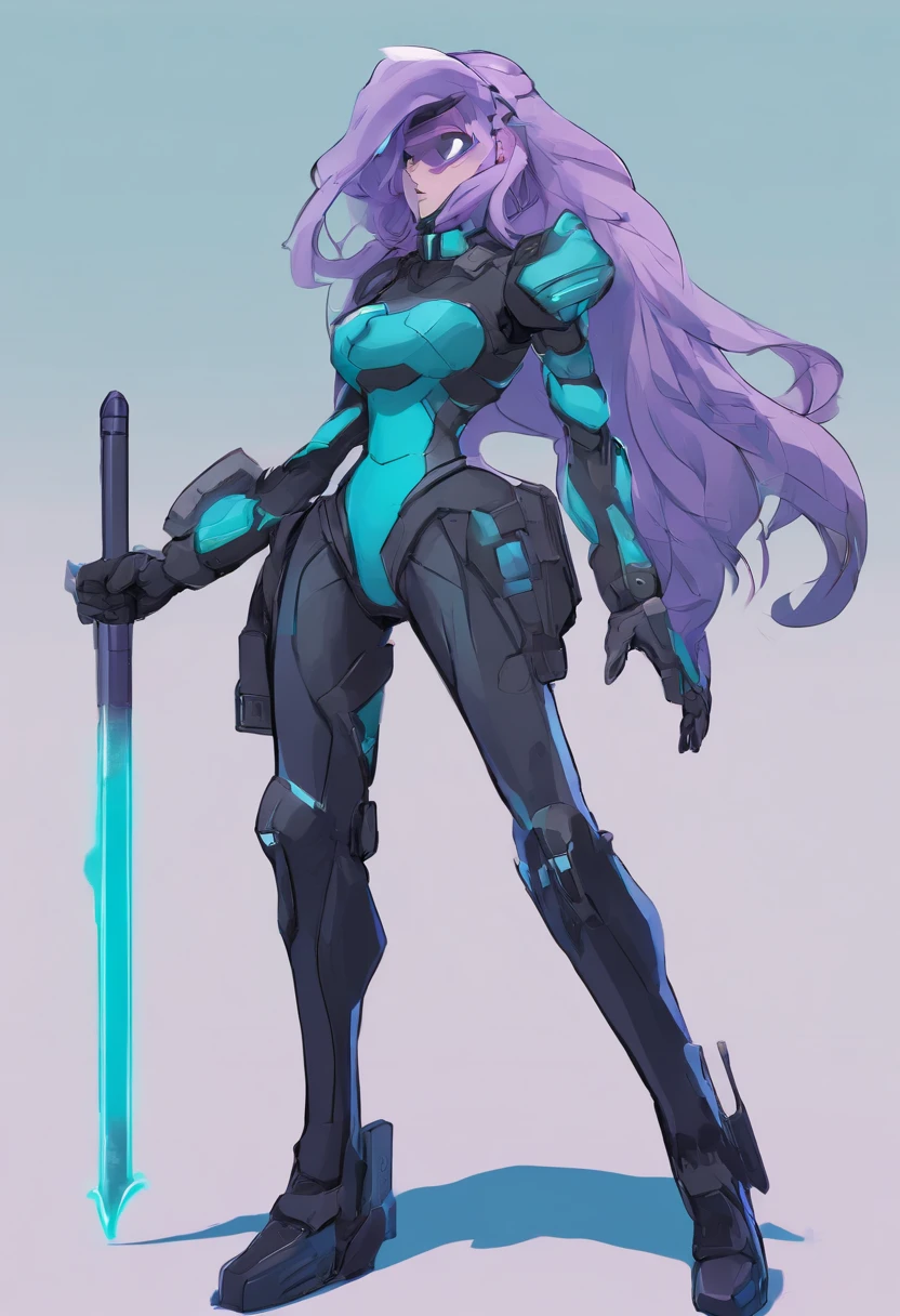 Reploid. Long flowing lavender hair. Wearing teal visor, dark blue breastplate armor with black bodysuit underneath. Holding an electric whip in hand. Wearing a utility belt.
