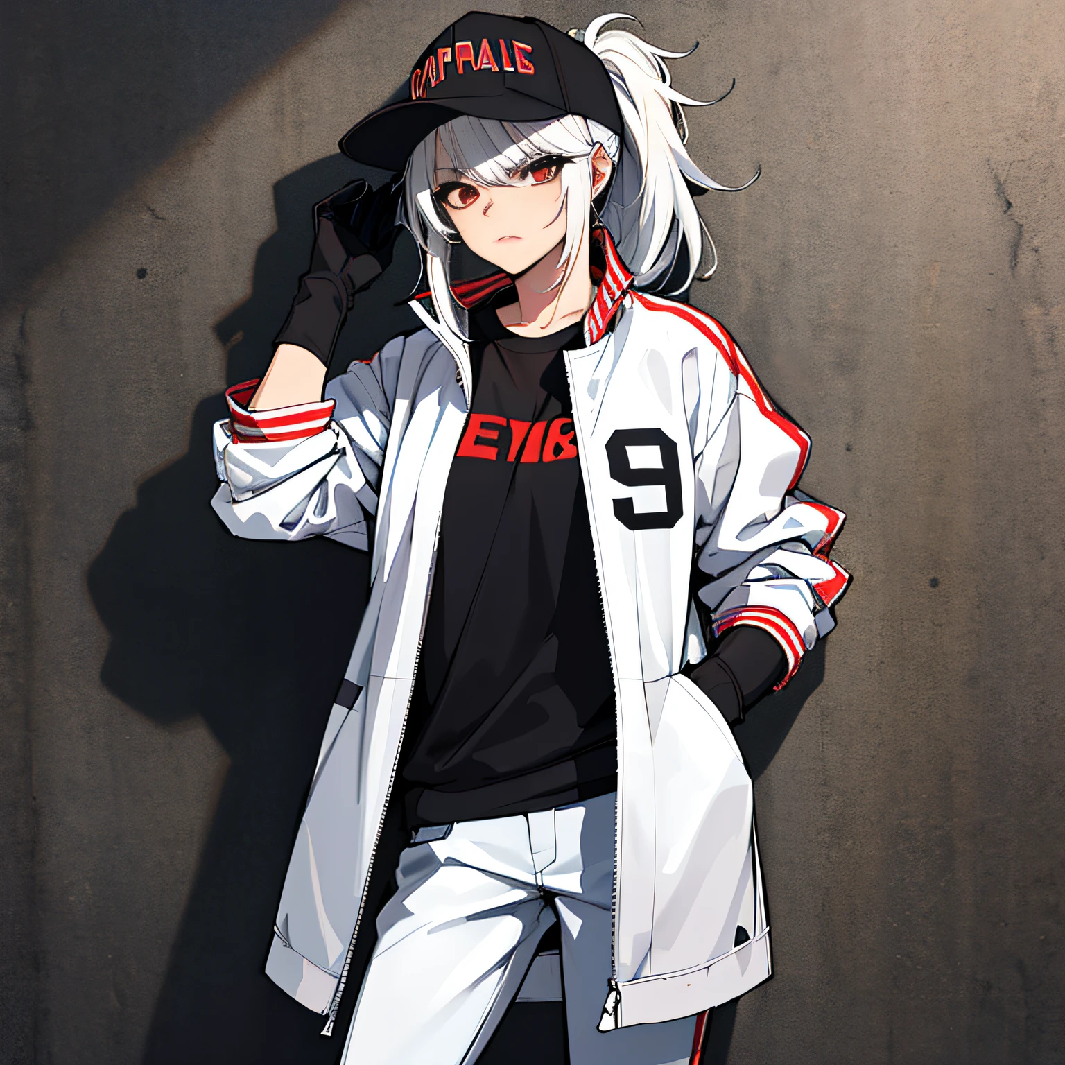 (absurdres, 8k, 4k, masterpiece, hyper extreme detailed:1.2), solo, 1girl, portrait, best quality, expressive eyes, perfect face, 1girl, portrait, solo, Female, mature female, adult, messy hair, white hair, medium bust, swept bangs, side bangs, messy hair, medium hair, perfect anatomy, soldier, angry, annoyed, red eyes, looking forward, forward view, perfect eyes, scars, gloves, red graphic t-shirt, baseball cap, half body, perfect anatomy, athletic shoes, bedroom background, leaning against wall, white jacket, open jacket, ponytail, adult, mature woman, standing, leaning back, hands in jacket pockets, perfect face, cowboyshot
