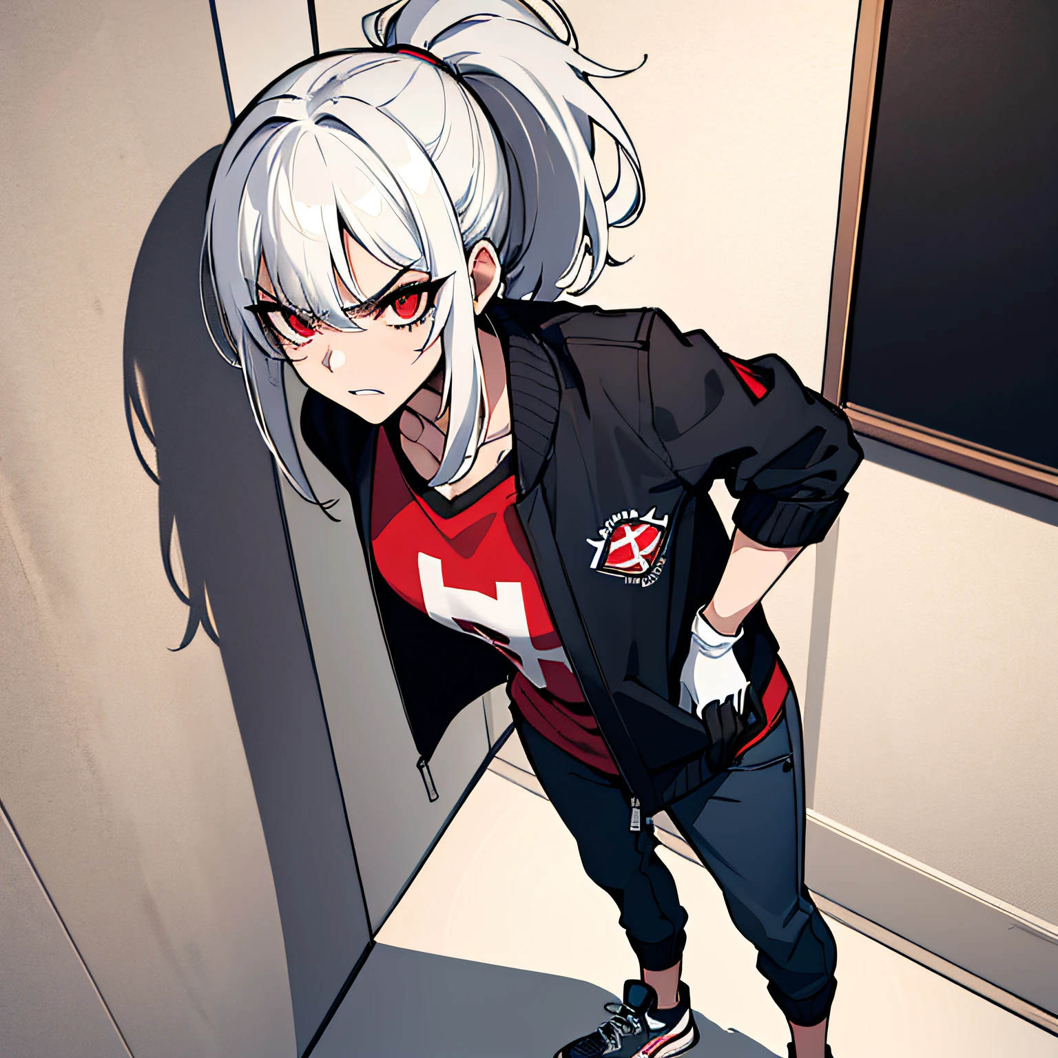 (absurdres, 8k, 4k, masterpiece, hyper extreme detailed:1.2), solo, 1girl, portrait, best quality, expressive eyes, perfect face, 1girl, portrait, solo, Female, mature female, adult, messy hair, white hair, medium bust, swept bangs, side bangs, messy hair, medium hair, perfect anatomy, soldier, angry, annoyed, red eyes, looking forward, forward view, perfect eyes, scars, gloves, red graphic t-shirt, half body, perfect anatomy, athletic shoes, bedroom background, leaning against wall, white jacket, open jacket, ponytail, adult, mature woman, standing, leaning back, hands in jacket pockets, perfect face, cowboyshot