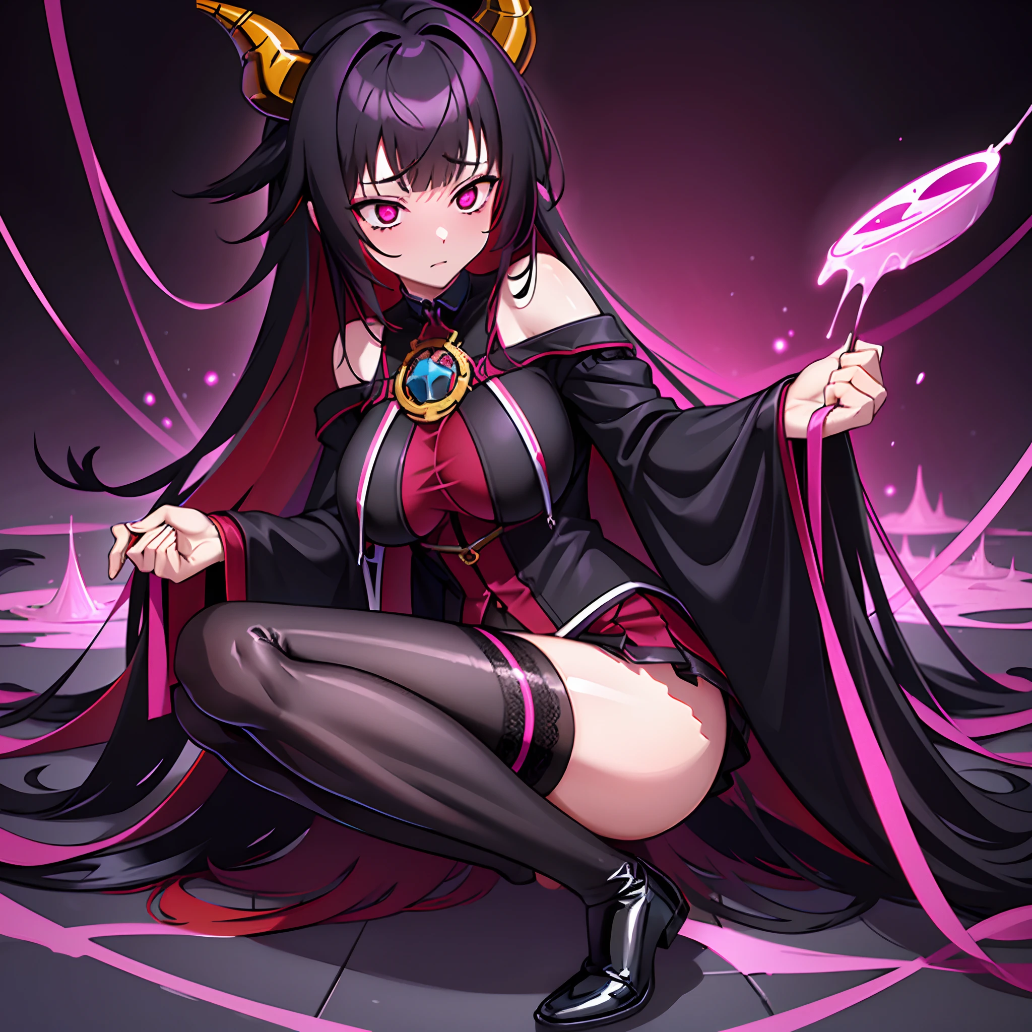 1 girl, solo, dark flamy red hair, long straight hair, black hair_ornament, large breasts, dragon horns, mini skirt, glossy black stockings, glowing purple necklace, multicoloured body_stocking, confused expression, hypnotised