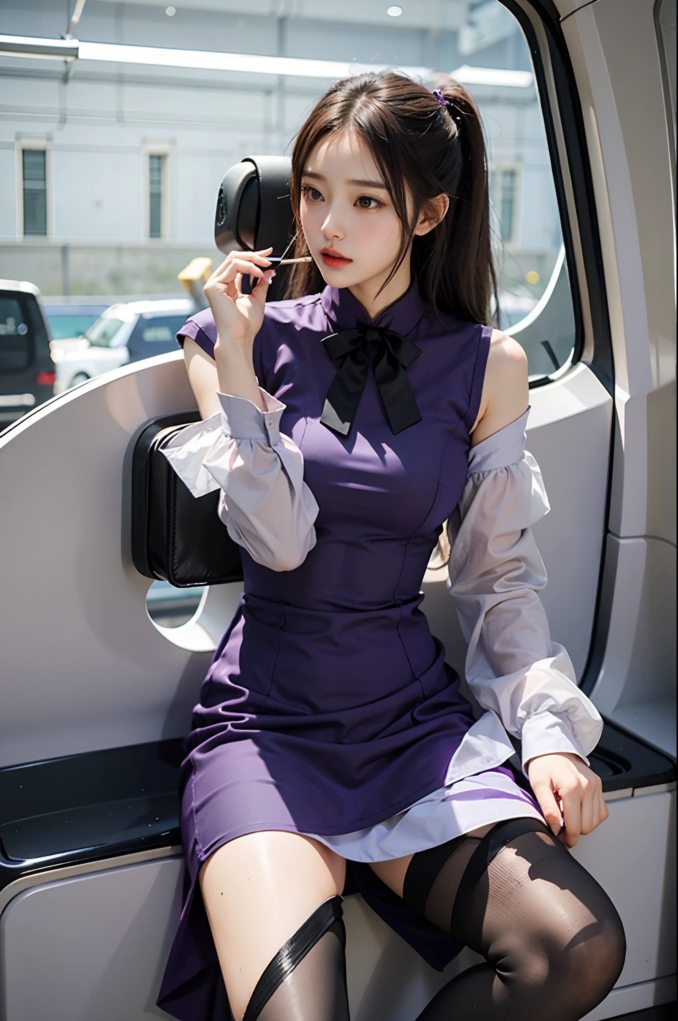 Purple flight attendant uniform dress，Has a neckline and bow tie, Purple dress, Cheongsam, smooth purple skin, Sexy dress, purple skin color, height of 165cm, Black stockings and leggings，high-heels，sakimichan, gorgeous chinese models, Purple attire, Dark purple, wearing headmistress uniform, tight attire, cute elegant pose, Tight dress
