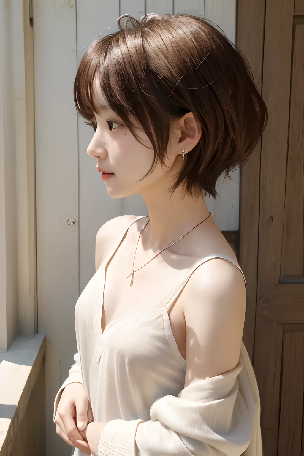 (*** 1 人)、(top-quality)、(​masterpiece)、(hight resolution)、(intricate-detail)、(Photorealsitic)、(Cinematic Light) 、独奏、piercings、jewely、short-hair、Brown hair、s lips、portlate、profile、(((cute little)))、Female, Attractive woman、Everyone longs for、Transparency、a necklace、shawls、off shoulders、Clothes are pure white、Exposure to sunlight、