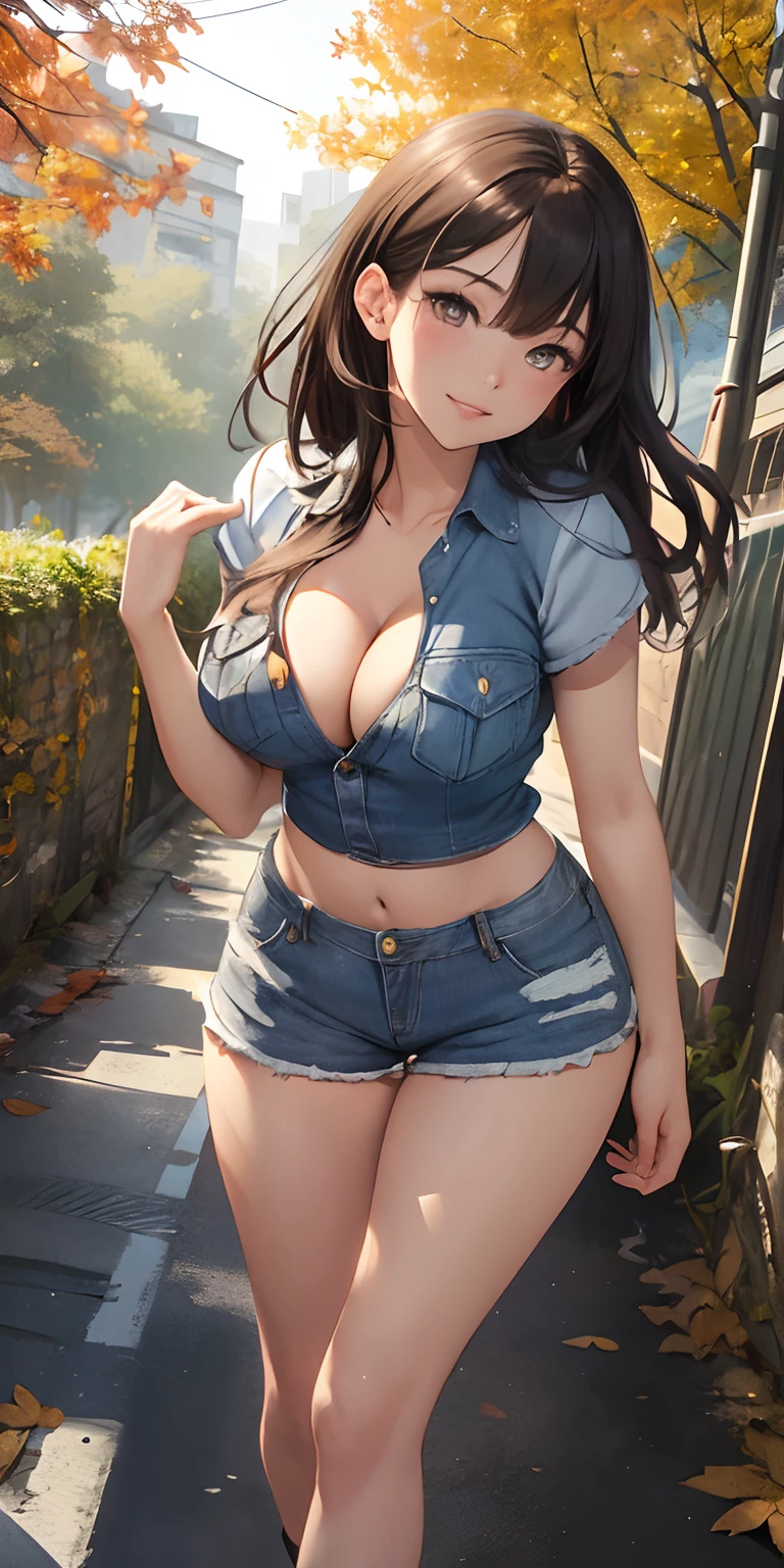 top-quality、Top image quality、masterpiece、girl with、skin gloss、Backward view、Buttock emphasis((Dynamic super close-up looking up from underground))、Lower body leg emphasis、breasts are slightly larger、Slightly thicker emphasis on cleavage、Versatile sexy poses、Denim shorts、Bare legged、Face Real、Face smile、Autumn foliage