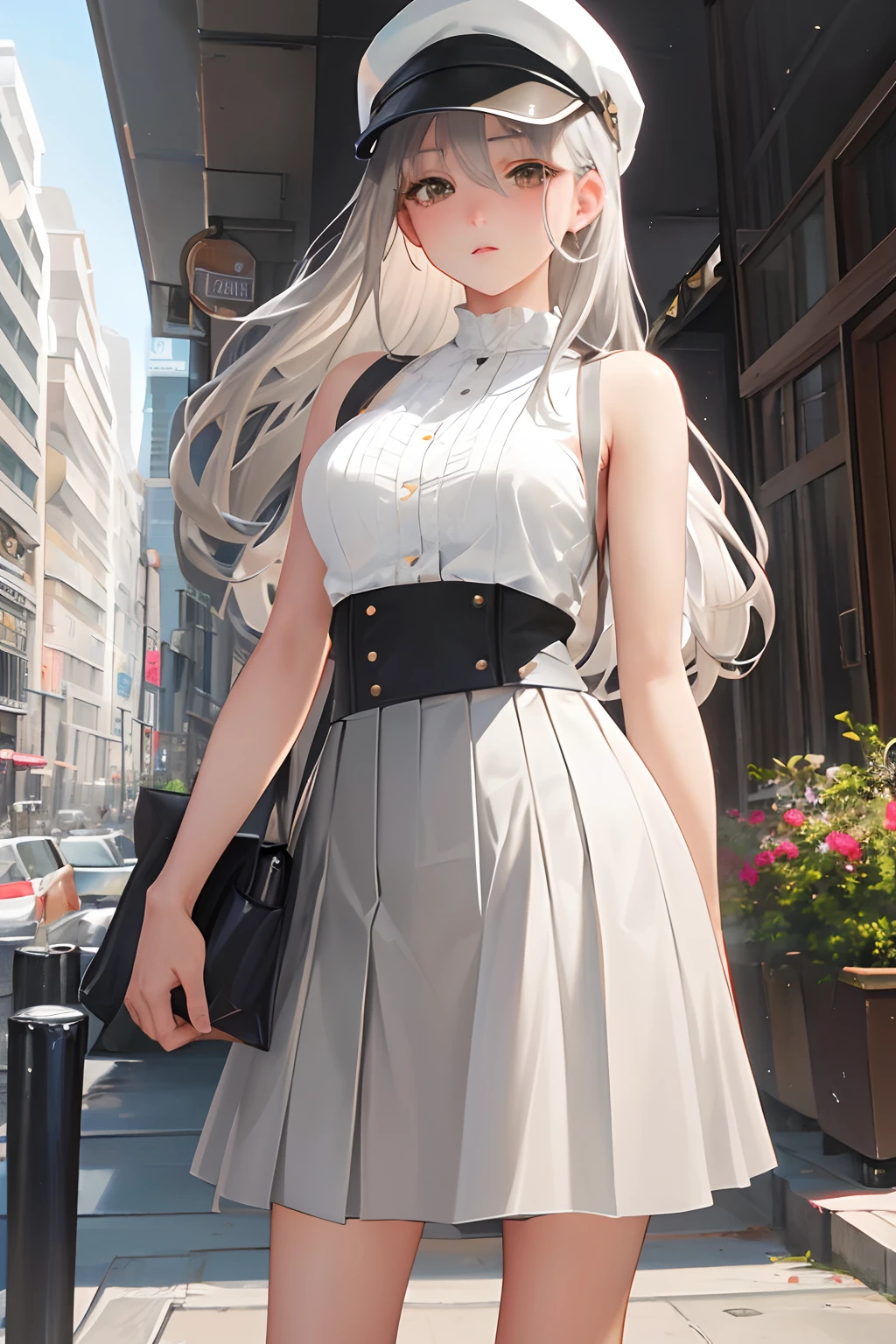 masterpiece, high quality, best quality, beautiful, hd, perfect lighting, detailed face, detailed body, 1 girl, solo, (long gray hair), brown eyes, medium breasts, ((white underwear)), ((short gray skirt)), (gray hat), in front of a cafe,