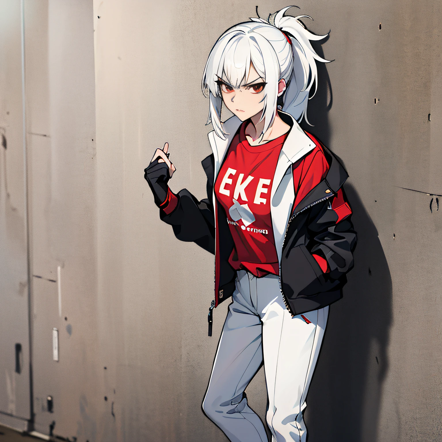 (absurdres, 8k, 4k, masterpiece, hyper extreme detailed:1.2), solo, 1girl, portrait, best quality, expressive eyes, perfect face, 1girl, portrait, solo, Female, mature female, adult, messy hair, white hair, medium bust, swept bangs, side bangs, messy hair, medium hair, perfect anatomy, soldier, angry, annoyed, red eyes, looking forward, forward view, perfect eyes, scars, gloves, red graphic t-shirt, half body, perfect anatomy, athletic shoes, bedroom background, leaning against wall, white jacket, open jacket, ponytail, adult, mature woman, standing, leaning back, hands in jacket pockets, perfect face, cowboyshot