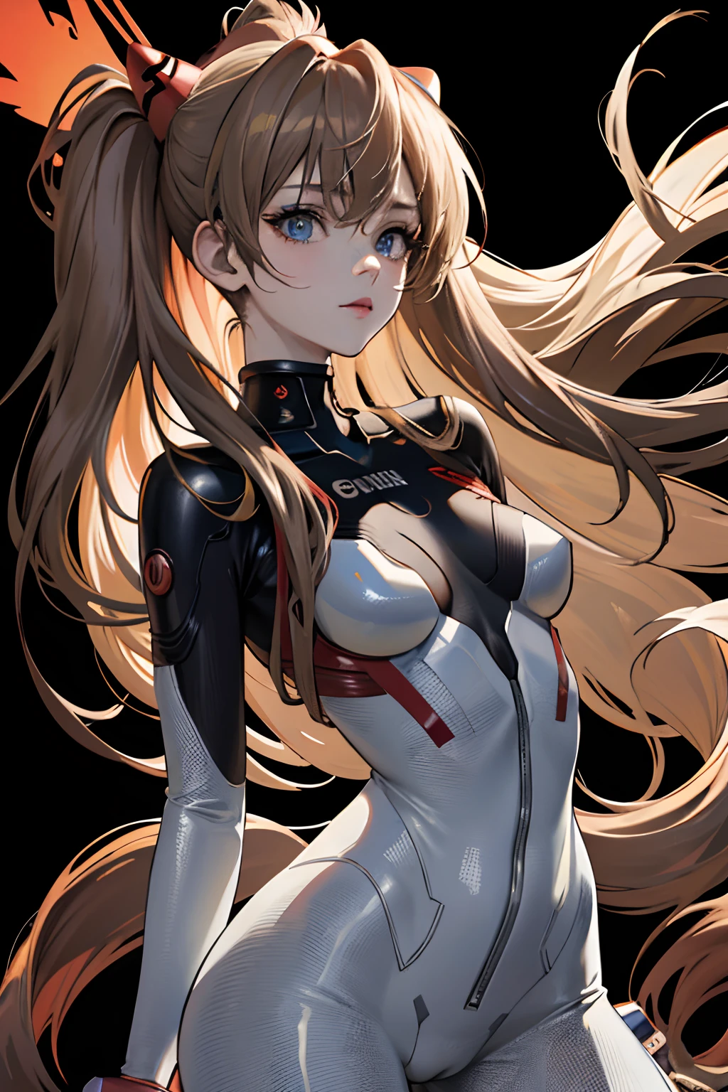 official art, unity 8k wallpaper, ultra detailed, beautiful and aesthetic, masterpiece, best quality, realistic, close-up, skindentation, souryuu asuka langley, interface headset, bodysuit under clothes, detailed eyes, detailed face, detailed hair, black background, straight-on, looking at viewer, glossy,