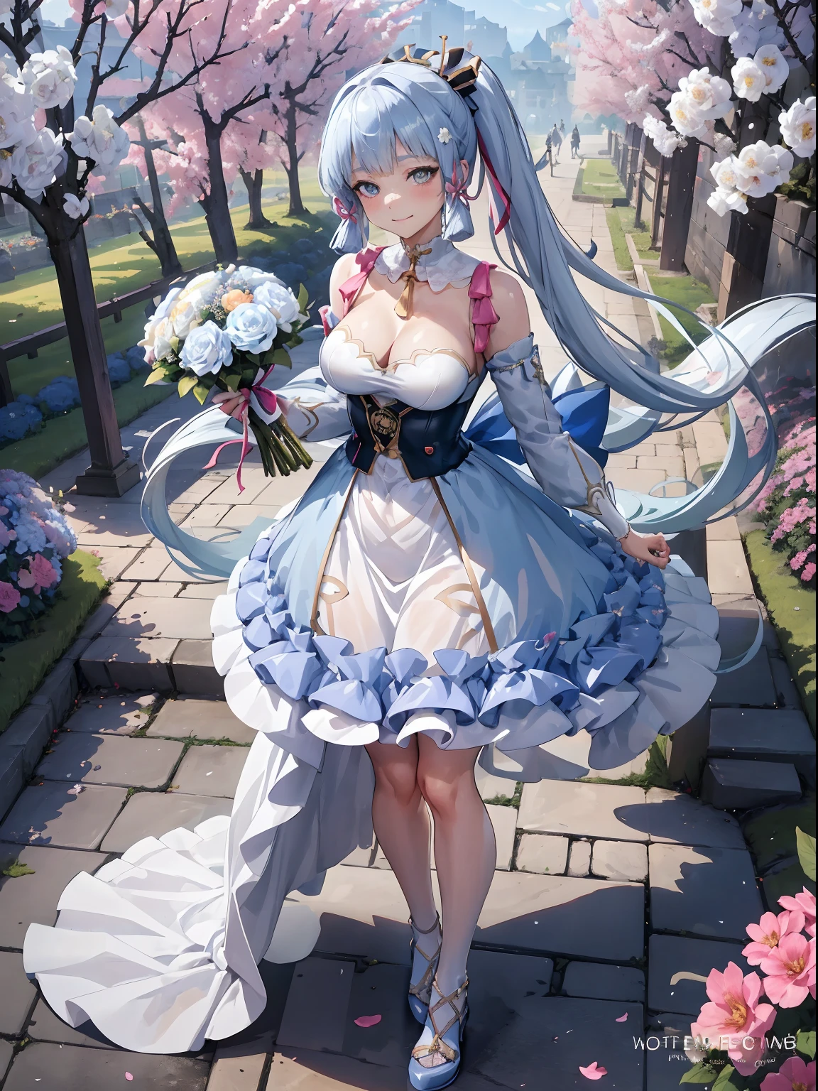 kamisato ayaka| genshin impact, master-piece, bestquality, 1girls,25 years old, proportional body, proportional., Wedding Dresses, White Wedding Dress, Long skirt, wedding, mediuml breasts, ,bara, Standing in the middle of a flower garden, outdoor, wedding, The sky is beautiful, Both hands hold a bouquet of flowers............................................., View viewers from the front., Thigh strap, Head tilt, bored, 10, 10, HD, slight smile,