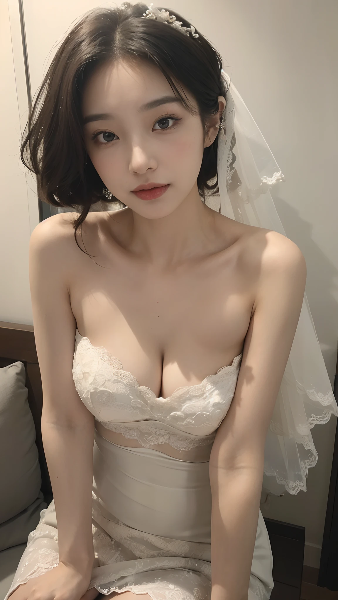 ((Best picture quality, 8K, tmasterpiece:1.3)), 1girll, perfect figure beautiful woman:1.3,(Large breasts exposed),((Bandeau wedding dress)),Ultra-fine face, A detailed eye, 二重まぶた,ssmile,tight-fitting,lace panty,