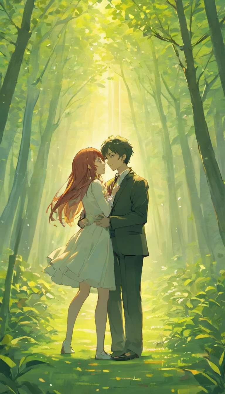 Hugging couple hugging in a square with several trees and gardens, linhas claras, alta nitidez,best quality, Very detailed, master part, Efeito de luz do filme, 4k )