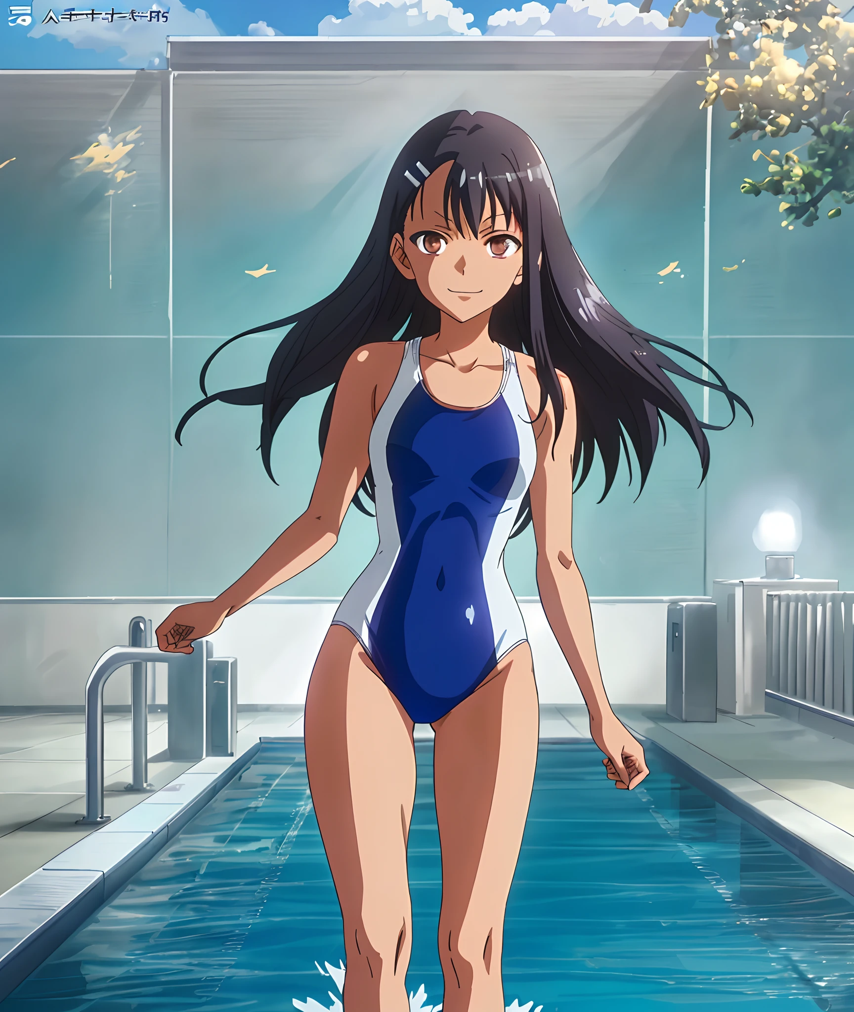 [Hayase Nagatoro], [Don't toy with me, nagatoro], ((masterpiece)), ((HD)), ((high quality)), ((solo portrait)), ((back view)), ((anime)), ((detailed shading)), ((beautiful render art)), ((cinematic lighting)), ((intricate details)), [nagatoro hayase, hair ornament, brown eyes, hairclip ,dark skin, black hair,], {(slim body), (beautiful defined legs), (gorgeous hips), (smug smirk), (white teeth)}, {(blue one-piece sports swimwear)}, {(standing), (arms at side), (looking back)}, [Background; (pool), (glistening water), (blue sky), (sun rays)]