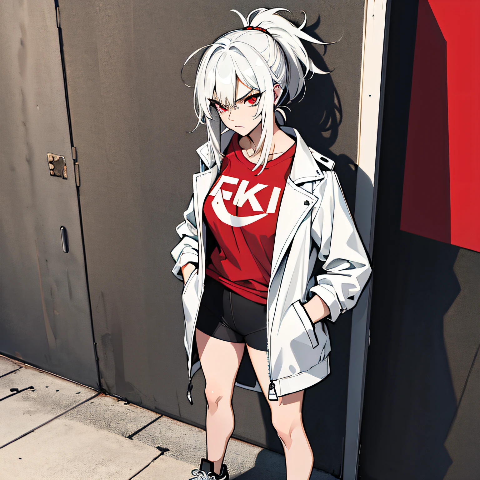 (absurdres, 8k, 4k, masterpiece, hyper extreme detailed:1.2), solo, 1girl, portrait, best quality, expressive eyes, perfect face, 1girl, portrait, solo, Female, mature female, adult, messy hair, white hair, medium bust, swept bangs, side bangs, messy hair, medium hair, perfect anatomy, soldier, angry, annoyed, red eyes, looking forward, forward view, perfect eyes, scars, gloves, red graphic t-shirt, half body, perfect anatomy, athletic shoes, bedroom background, leaning against wall, white jacket, open jacket, ponytail, adult, mature woman, standing, leaning back, hands in jacket pockets, perfect face, cowboyshot