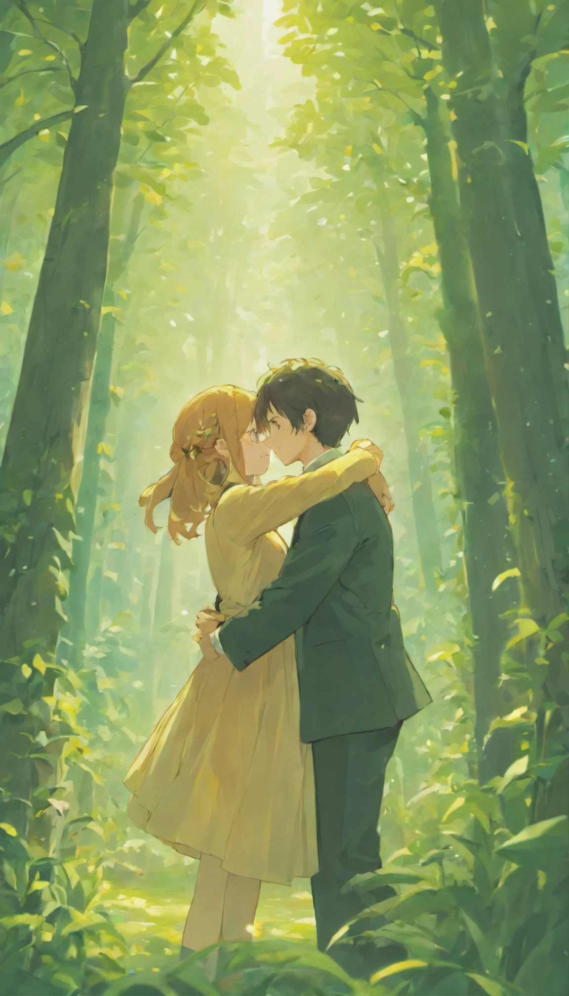 Hugging couple hugging in a square with several trees and gardens, linhas claras, alta nitidez,best quality, Very detailed, master part, Efeito de luz do filme, 4k )