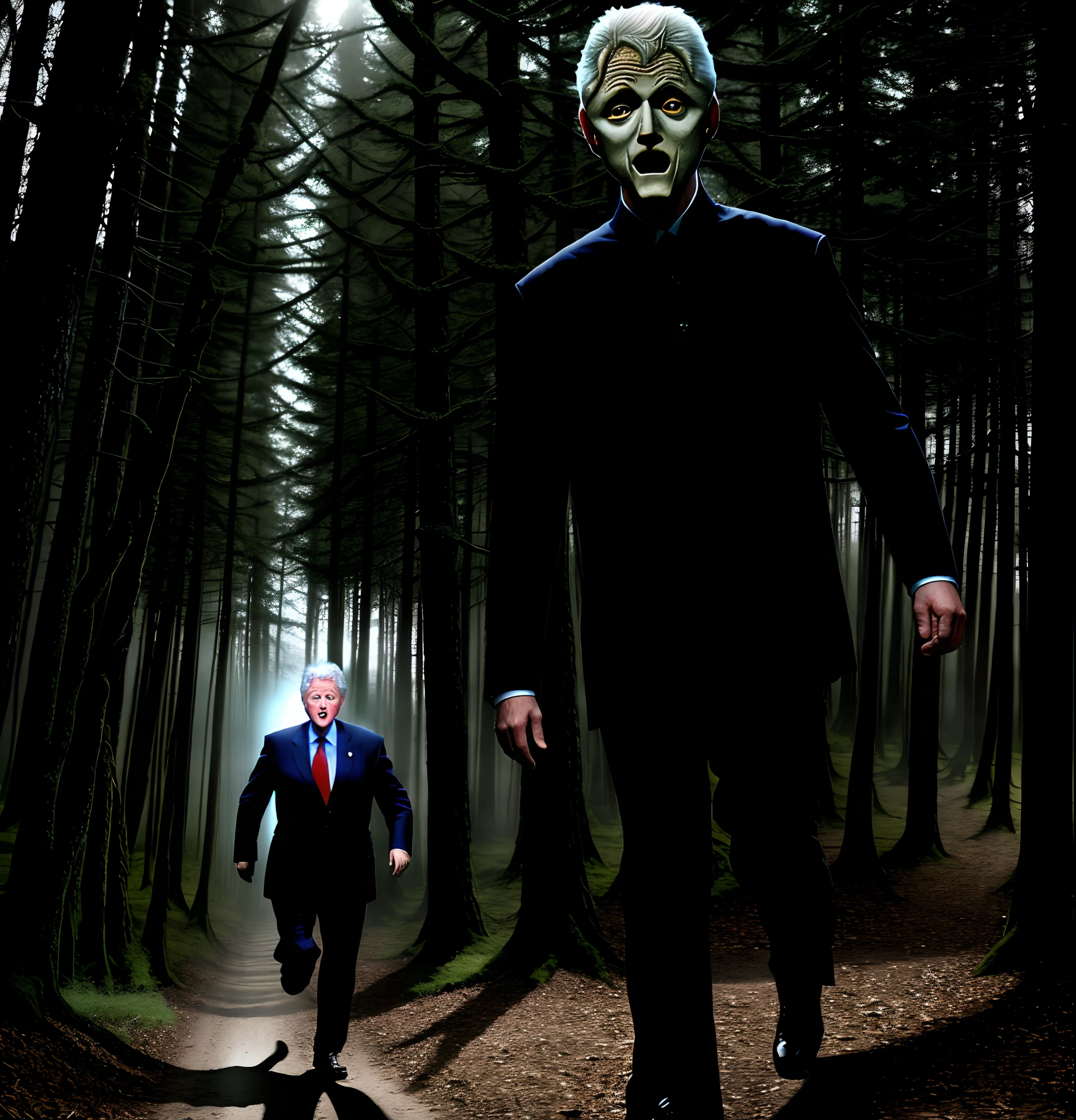 Bill Clinton being chased by a skinwalker in the dark forest