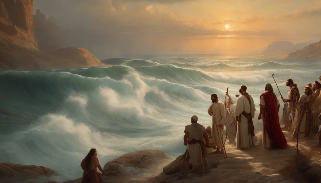 The sea splits, And a million people crossing the rift, Moses crosses the Red Sea, Crossing the sea like a land, With a lot of people, Million ,Moses holding a staff ,desert, Old gowns,,History reference,High-quality artwork and details,Realistic portrait style,Subtle color palette,vibrant background,natural textures,Deep Shadows,Subtle highlights,Historical accuracy,meticulous attention to detail,Emotional depth and intensity,Authentic Representation,Thought-provoking,Spiritual atmosphere,A Sense of Ancient Wisdom,Profound impact