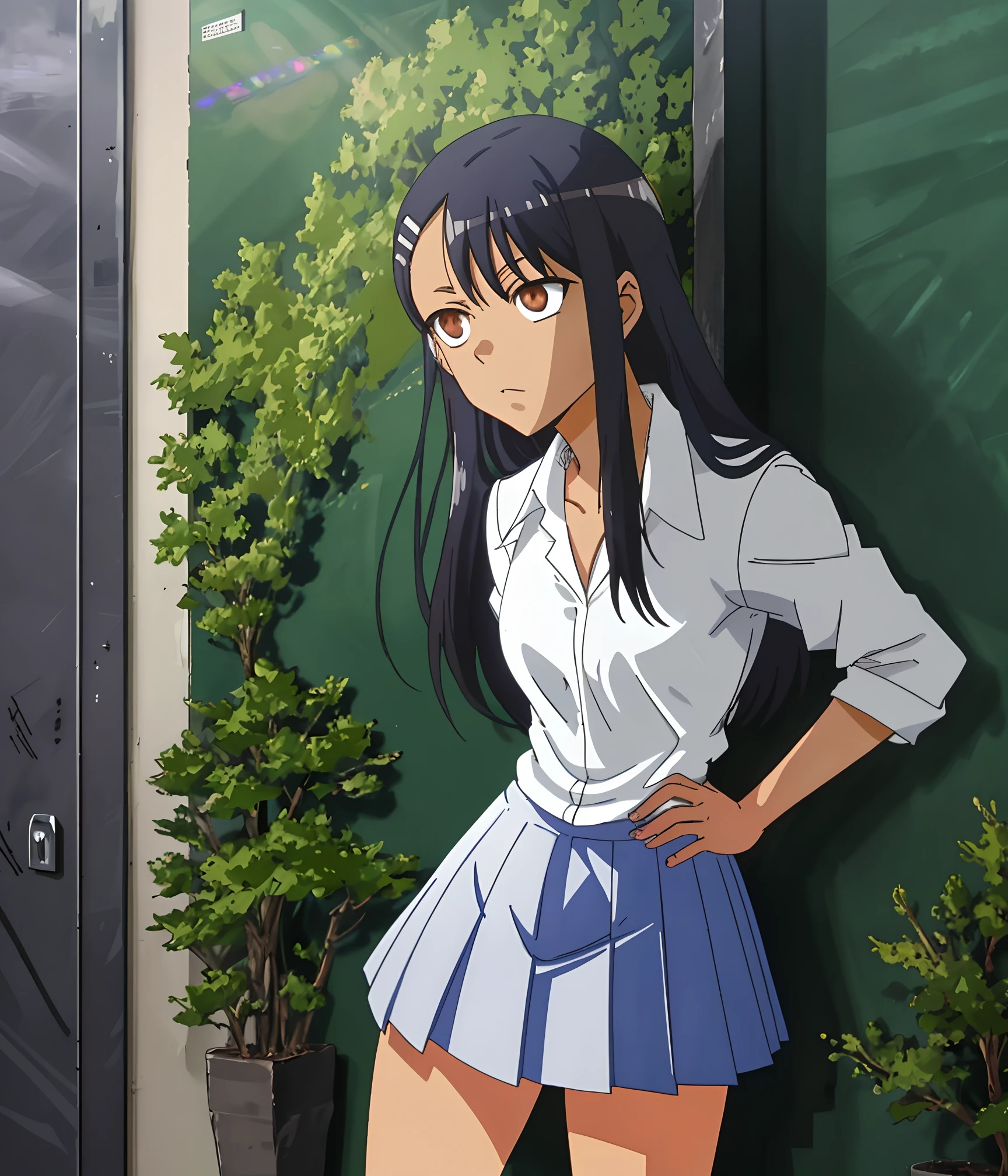 [Hayase Nagatoro], [Don't toy with me, nagatoro], ((masterpiece)), ((HD)), ((high quality)), ((solo portrait)), ((front view)), ((anime)), ((detailed shading)), ((beautiful render art)), ((cinematic lighting)), ((intricate details)), [nagatoro hayase, (dark skin), cute brown eyes, long black hair, (slim body), (beautiful defined legs), (thicc thighs), (gorgeous hips), (expressionless)}, {(white button-up shirt), (short blue skirt), (white hairclip)}, {(leaning on wall), (looking ahead)}, [Background; (school yard), (trees), (blue sky), (sun rays)]