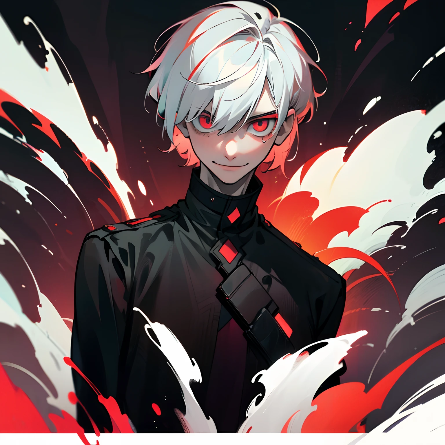 ((alone)), ((solo)), male character, young adult around 22 years old. messy white hair. a fringe covers one eye. The eyes are neon red. He has a crazy and disturbed smile. pale skin. worried look. black clothes.