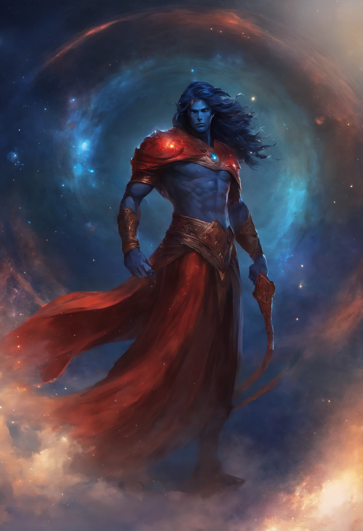Male Celestrial humanoid with dark blue skin, long red hair, blaxk eyes, big hole in stomach with a galaxy in it