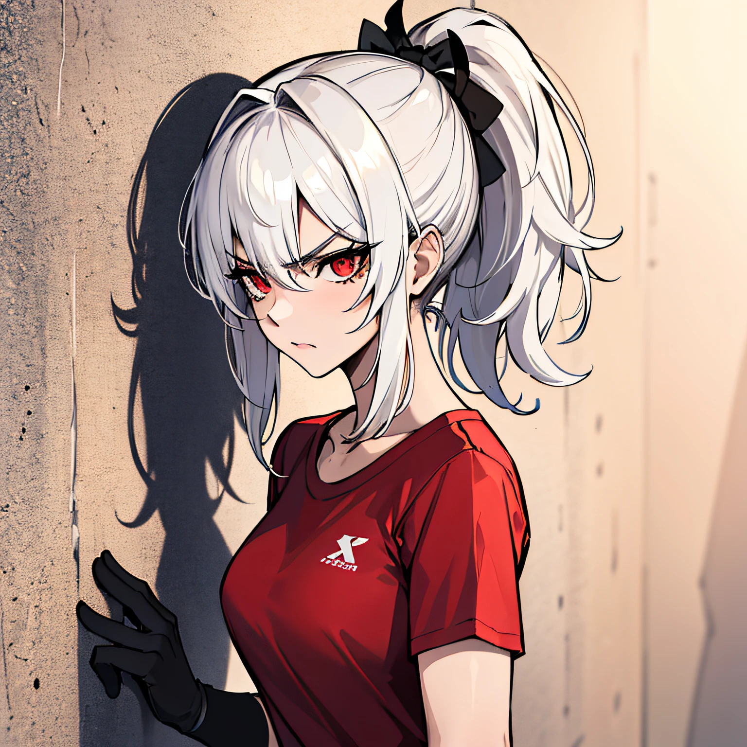 (absurdres, 8k, 4k, masterpiece, hyper extreme detailed:1.2), solo, 1girl, portrait, best quality, expressive eyes, perfect face, 1girl, portrait, solo, Female, mature female, adult, messy hair, white hair, medium bust, swept bangs, side bangs, messy hair, medium hair, perfect anatomy, soldier, angry, annoyed, red eyes, looking forward, forward view, perfect eyes, scars, gloves, red graphic t-shirt, half body, perfect anatomy, athletic shoes, bedroom background, leaning against wall, ponytail, adult, mature woman, standing, leaning back, perfect face, cowboyshot