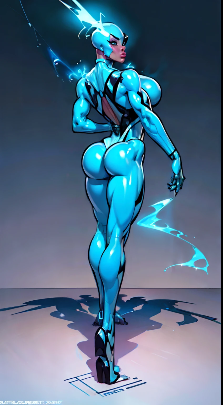 ((Radiant Aura:1.7)), 8k ((back view:1.7))((gigantic legs:1.7)) (large eyes:1.3), defined cheekbones, looking back, ((the pit style:1.4))((sleek chrome bodysuit:1.6)) ((zentai bodysuit:1.6)), ((visor))((intricate metal details:1.4))detailed face:1.5), lightblue skin,(puffy lips:1.5) (lightblue skin:1.6), (bald woman:1.7), (skinhead) ((sexy pose)),(Muscular:1.3), ((gigantic breasts:1.5)), )highly detailed, majestic, digital photography, art by artgerm and ruan jia and greg rutkowski, ((metal shoulder pads:1.2)), (masterpiece), sidelighting, intricate details, black and blue color palette