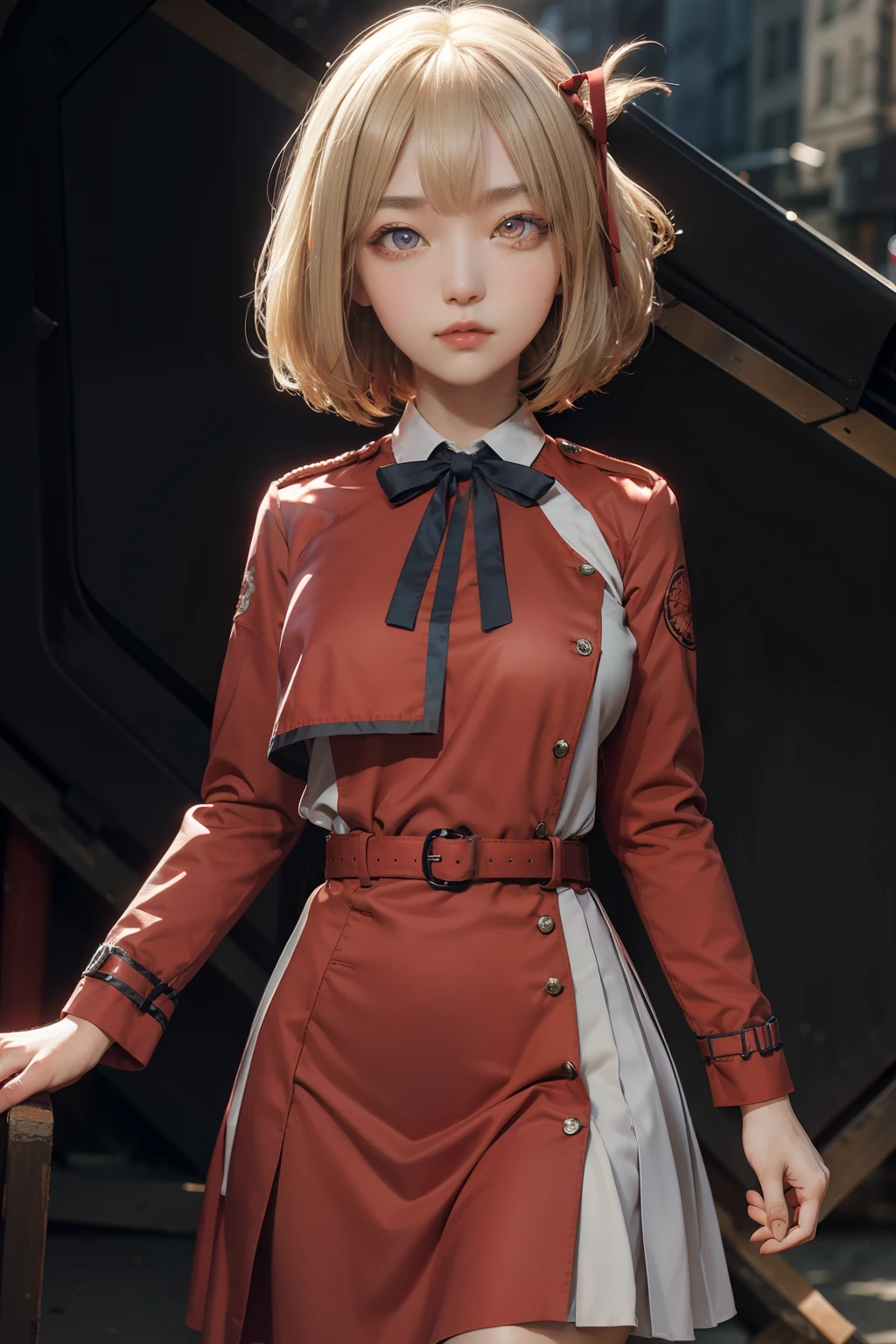 chisatonishikigi, nishikigi chisato, short hair, bangs, blonde hair, (red eyes:1.5), hair ribbon, one side up, bob cut,
BREAK shirt, long sleeves, dress, ribbon, white shirt, collared shirt, belt, neck ribbon, red dress, blue ribbon, pleated dress, grey dress, two-tone dress, red belt, lycoris uniform,,
BREAK outdoors, city,
BREAK looking at viewer, BREAK (masterpiece:1.2), best quality, high resolution, unity 8k wallpaper, (illustration:0.8), (beautiful detailed eyes:1.6), extremely detailed face, perfect lighting, extremely detailed CG, (perfect hands, perfect anatomy),