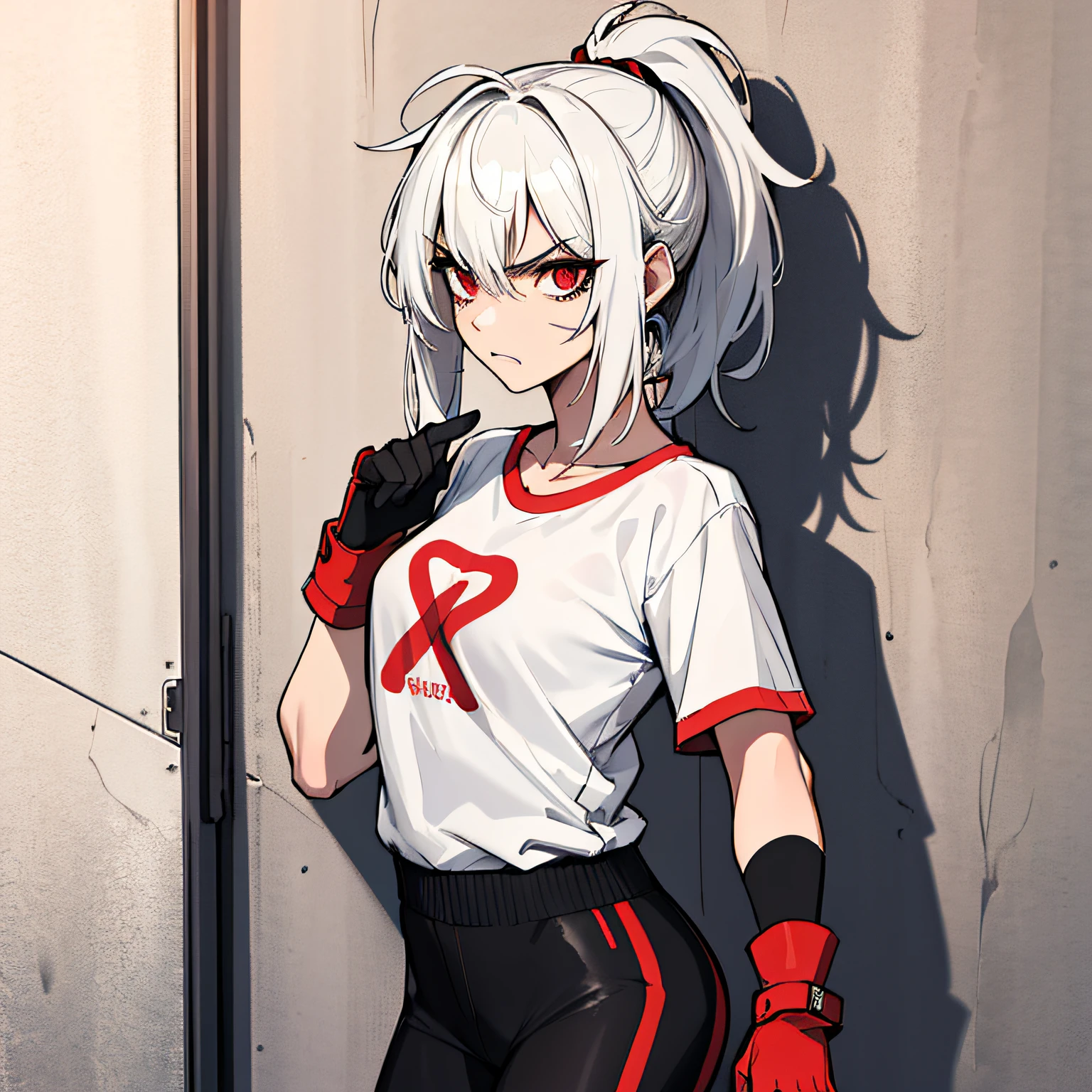 (absurdres, 8k, 4k, masterpiece, hyper extreme detailed:1.2), solo, 1girl, portrait, best quality, expressive eyes, perfect face, 1girl, portrait, solo, Female, mature female, adult, messy hair, white hair, medium bust, swept bangs, side bangs, messy hair, medium hair, perfect anatomy, soldier, angry, annoyed, red eyes, looking forward, forward view, perfect eyes, scars, gloves, red graphic t-shirt, half body, perfect anatomy, athletic shoes, bedroom background, leaning against wall, ponytail, adult, mature woman, standing, leaning back, perfect face, cowboyshot