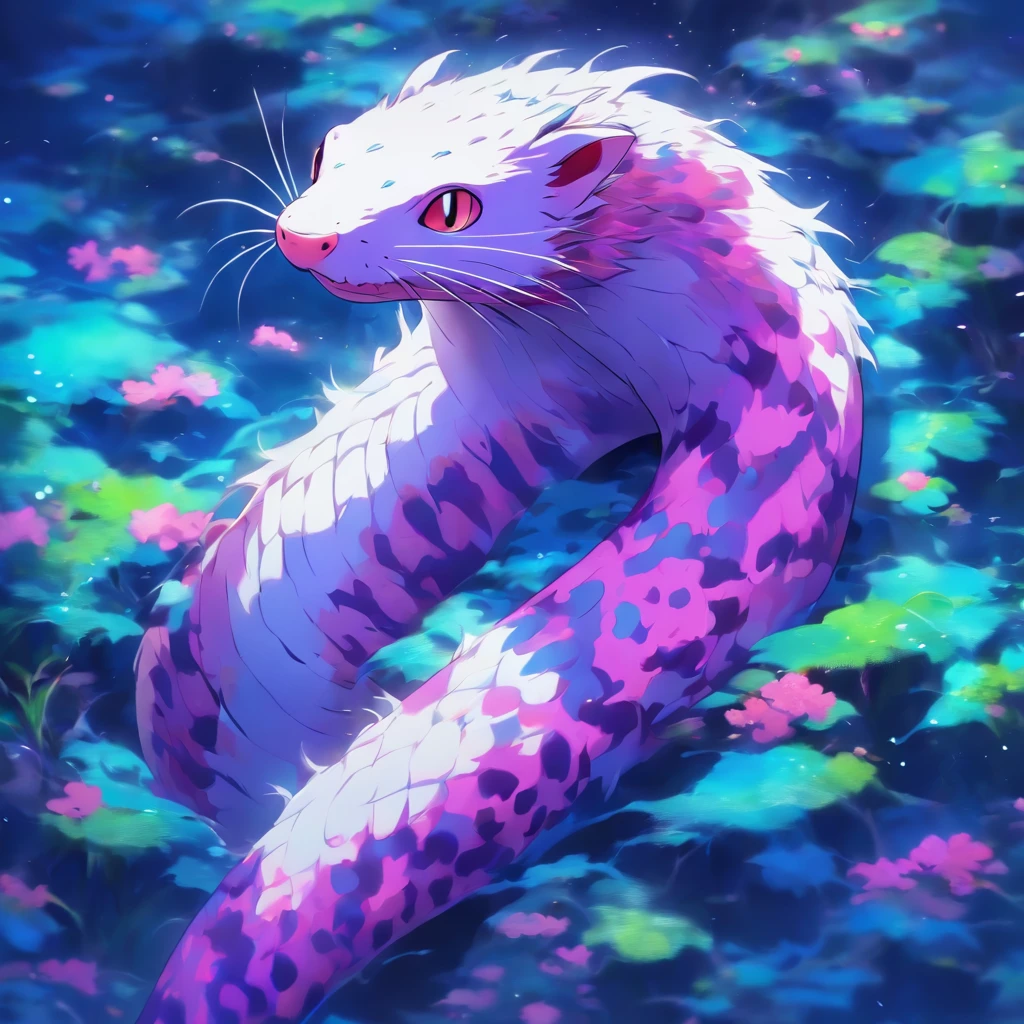 Eel covered in white and violet fur, three blue eyes, a rat-like tail, masterpiece, best quality