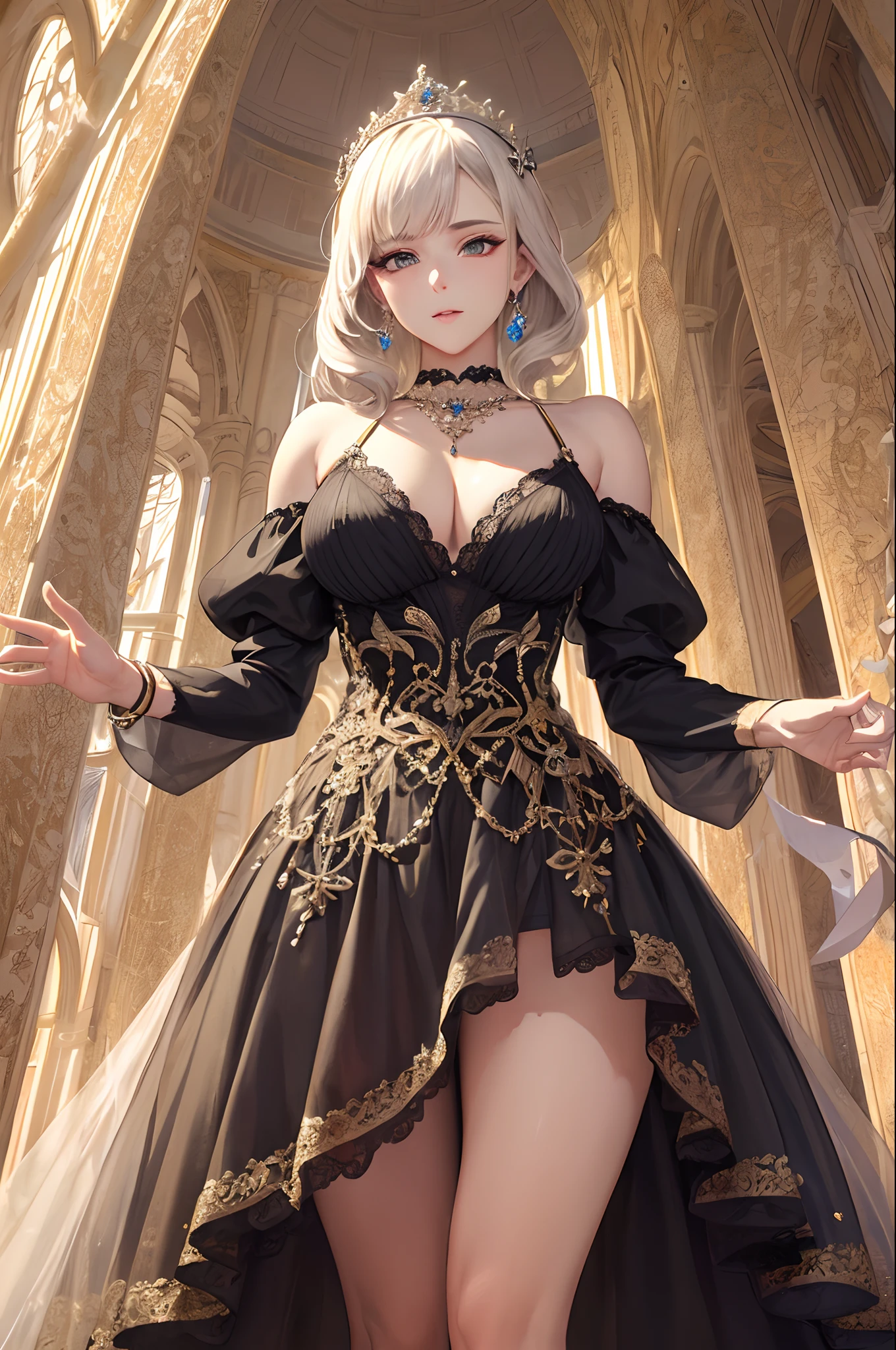 ((estilo Anime)),((juego CG)),(Obra maestra),(La mejor calidad), (Super detail),illustration,(((muy delicado y hermoso))),focus on character,Dynamic Angle,Mirando al espectador,(((solamente))),((cuerpo completo)),(1 fancy mature woman in sexy ball gown with a voluminous skirt wearing a crown))),Cara y ojos detallados,Ojos como joyas,(Pelo muy largo),Magnificent embroidery and lace,transparente,volantes ornamentados,(pechos gigantescos,senos largos),vestido de baile con joyas,(Precioso vestido de baile con una falda voluminosa),