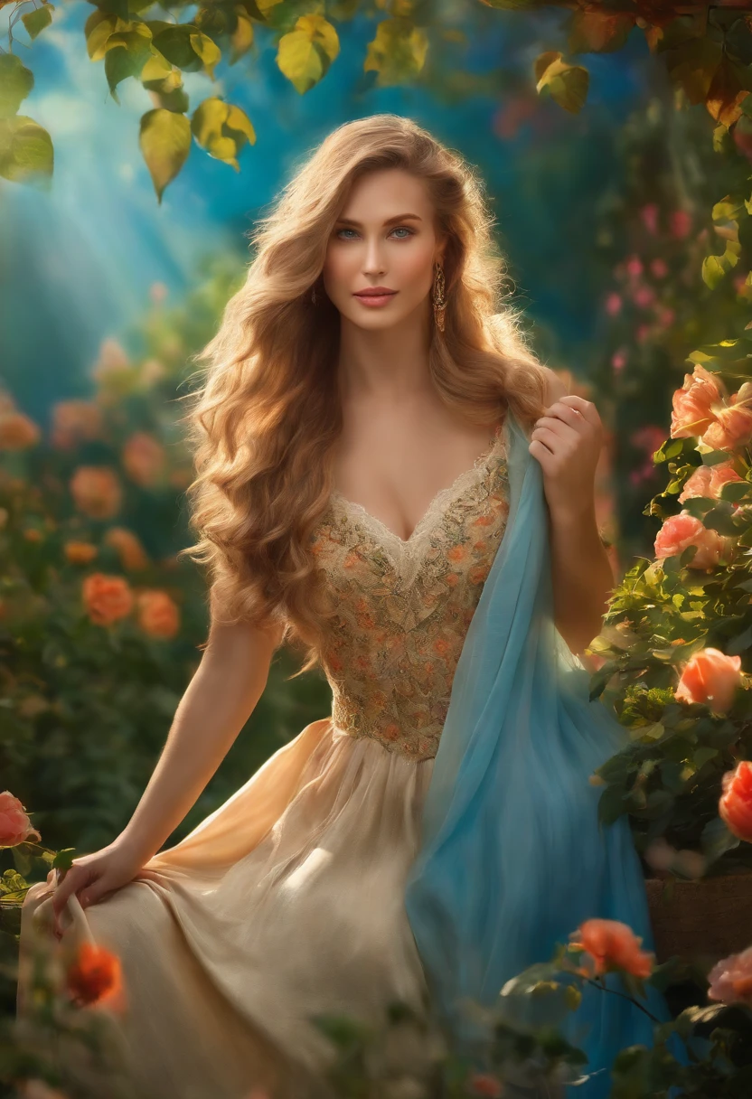 A girl with long, flowing hair (best quality, realistic:1.37), beautiful blue eyes, and luscious lips is standing in a vibrant garden. She exudes an air of confidence and sensuality, her pose suggesting a hint of seduction. The garden is filled with colorful flowers and lush greenery, creating a picturesque backdrop. The sunlight filters through the leaves, casting soft, warm rays on the girl's flawless skin. The scene overall has a dreamy and whimsical quality, reminiscent of a oil painting (masterpiece:1.2). The colors are rich and vibrant, with a slightly warm and romantic tone. The lighting is soft and gentle, enhancing the girl's natural beauty.