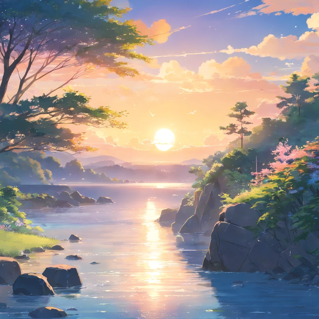 masterpiece, best quality, bird, flower, cloud, sky, scenery, day, leaf, outdoors, no humans, blue sky, No people, scenery, landscape, nature, rock, trees, fog, rock lake, blue sky, grass, flowers, open view, lively, beautiful, Waterfalls, streams, lakes, forests, landscapes, beautiful  sunset at beach