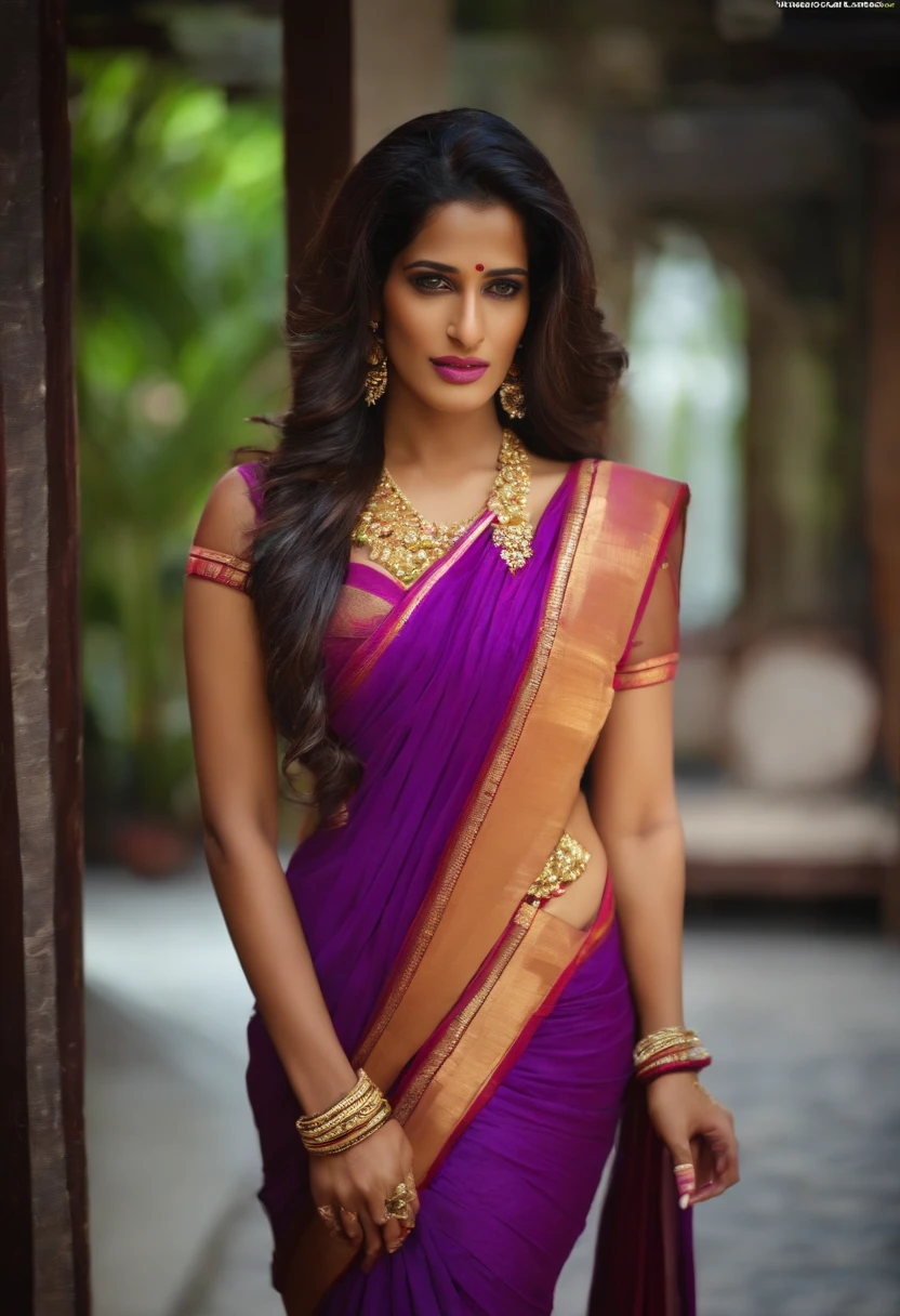 Poonam Pandey, wearing purple saree, capative looking, naposition