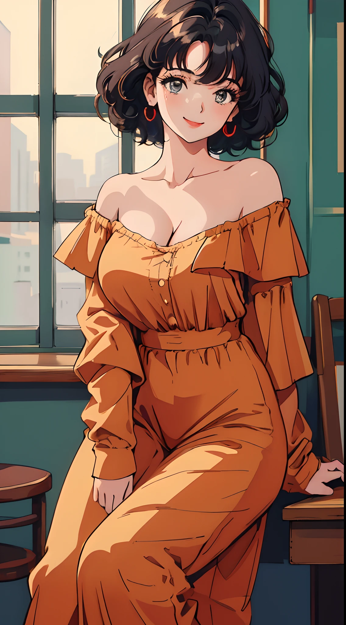 (Best quality, Masterpiece, A high resolution),1girll,Close-up shot，Super large breasts，Off-the-shoulder attire，cleavage，Solo,Short hair,Wavy hair,Smile,