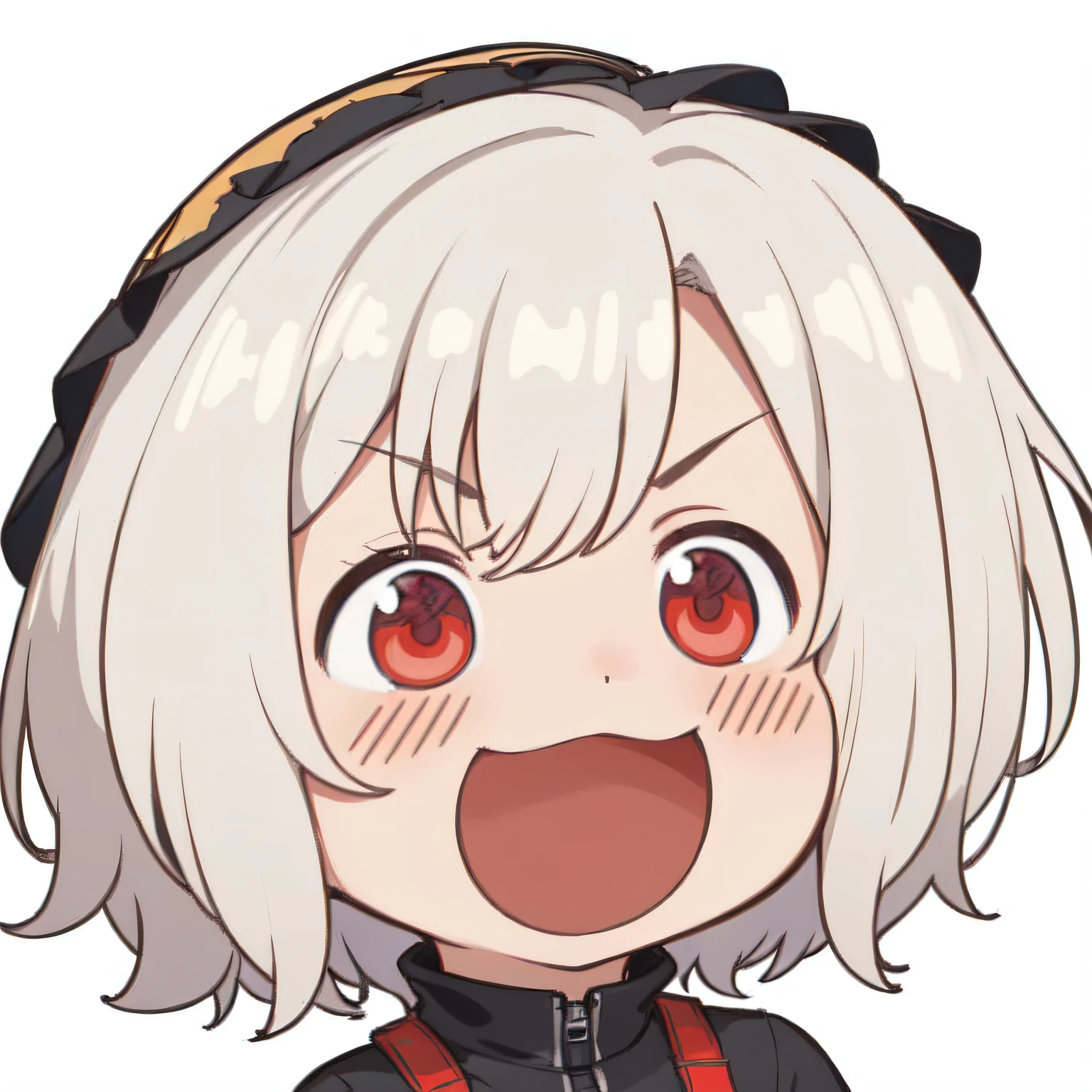 masterpiece,best quality,1girl, short hair, red eyes, white hair, chibi,laughing, simple background, white background, black shirt