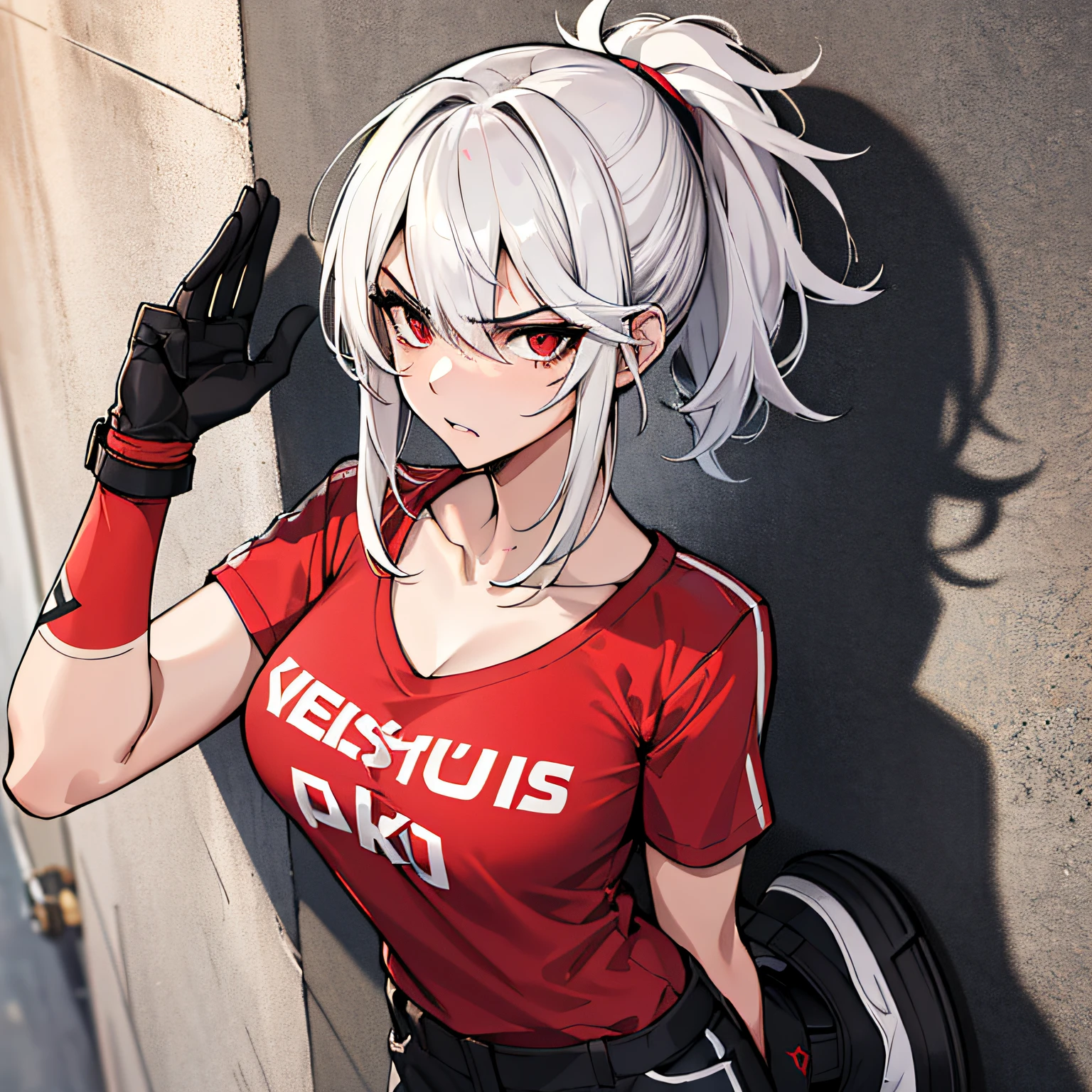 (absurdres, 8k, 4k, masterpiece, hyper extreme detailed:1.2), solo, 1girl, portrait, best quality, expressive eyes, perfect face, 1girl, portrait, solo, Female, mature female, adult, messy hair, white hair, medium bust, swept bangs, side bangs, messy hair, medium hair, perfect anatomy, soldier, angry, annoyed, red eyes, looking forward, forward view, perfect eyes, scars, gloves, red graphic t-shirt, half body, perfect anatomy, athletic shoes, bedroom background, leaning against wall, ponytail, adult, mature woman, standing, leaning back, perfect face, cowboyshot