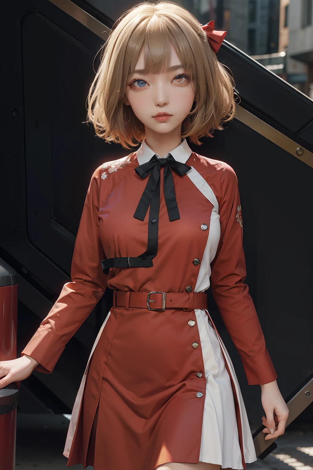 chisatonishikigi, nishikigi chisato, short hair, bangs, blonde hair, (red eyes:1.5), hair ribbon, one side up, bob cut,
BREAK shirt, long sleeves, dress, ribbon, white shirt, collared shirt, belt, neck ribbon, red dress, blue ribbon, pleated dress, grey dress, two-tone dress, red belt, lycoris uniform,,
BREAK outdoors, city,
BREAK looking at viewer, BREAK (masterpiece:1.2), best quality, high resolution, unity 8k wallpaper, (illustration:0.8), (beautiful detailed eyes:1.6), extremely detailed face, perfect lighting, extremely detailed CG, (perfect hands, perfect anatomy),