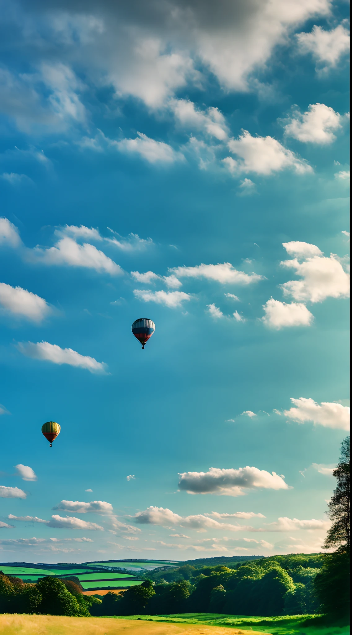 forest scape,blues sky and clouds, green forest, hot air balloon,Colorful hot air balloons,high quality desktop wallpaper, verdant forest, detailed fields nature, beautiful english countryside, Stunning landscape, Rolling hills, Landscape wallpaper, lush countryside, Patches of green forest, breathtaking landscape, green fields in the background, High quality wallpaper, Beautiful wallpaper
