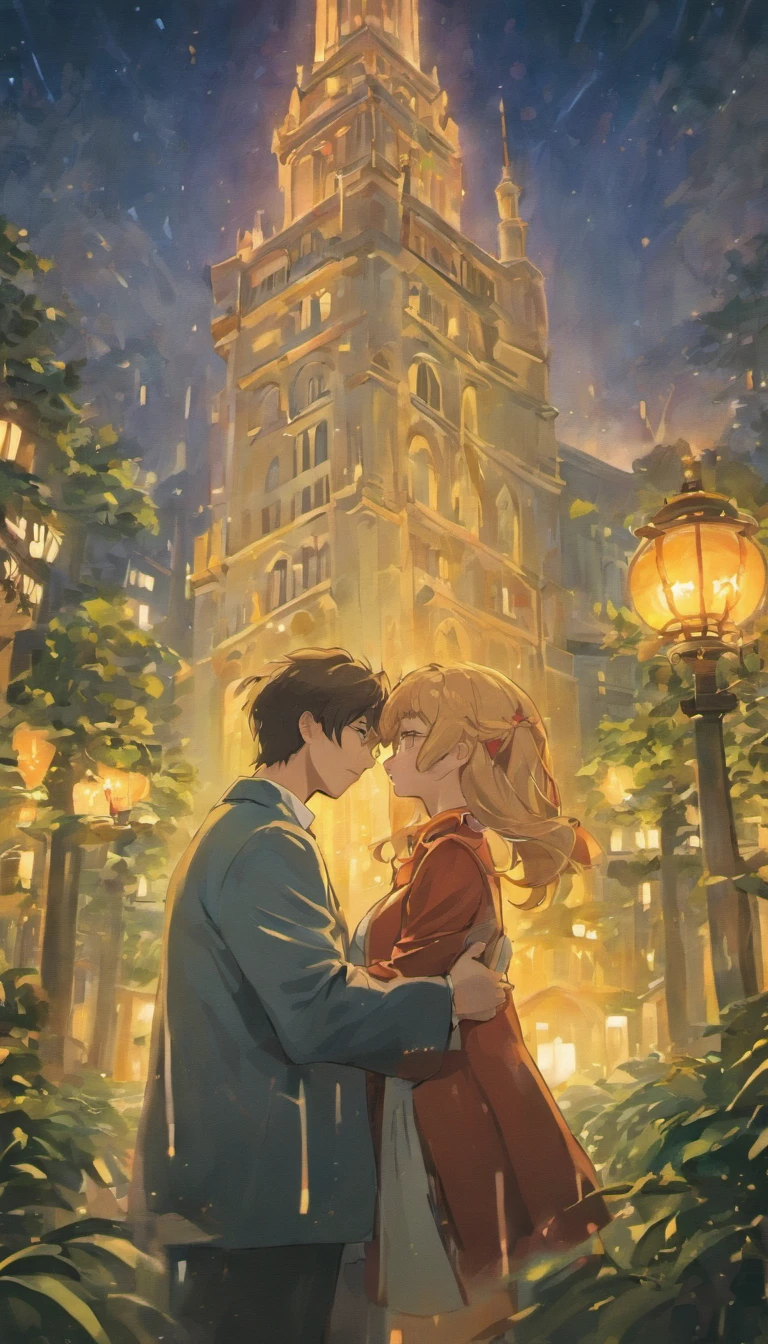 Couple hugging in a square, casal rico em detalhes, olhando um para o outro, with many trees, linhas claras, alta nitidez, alta qualidade , paisagem rica em detalhes, master part, Efeito de luz do filme, 4k )