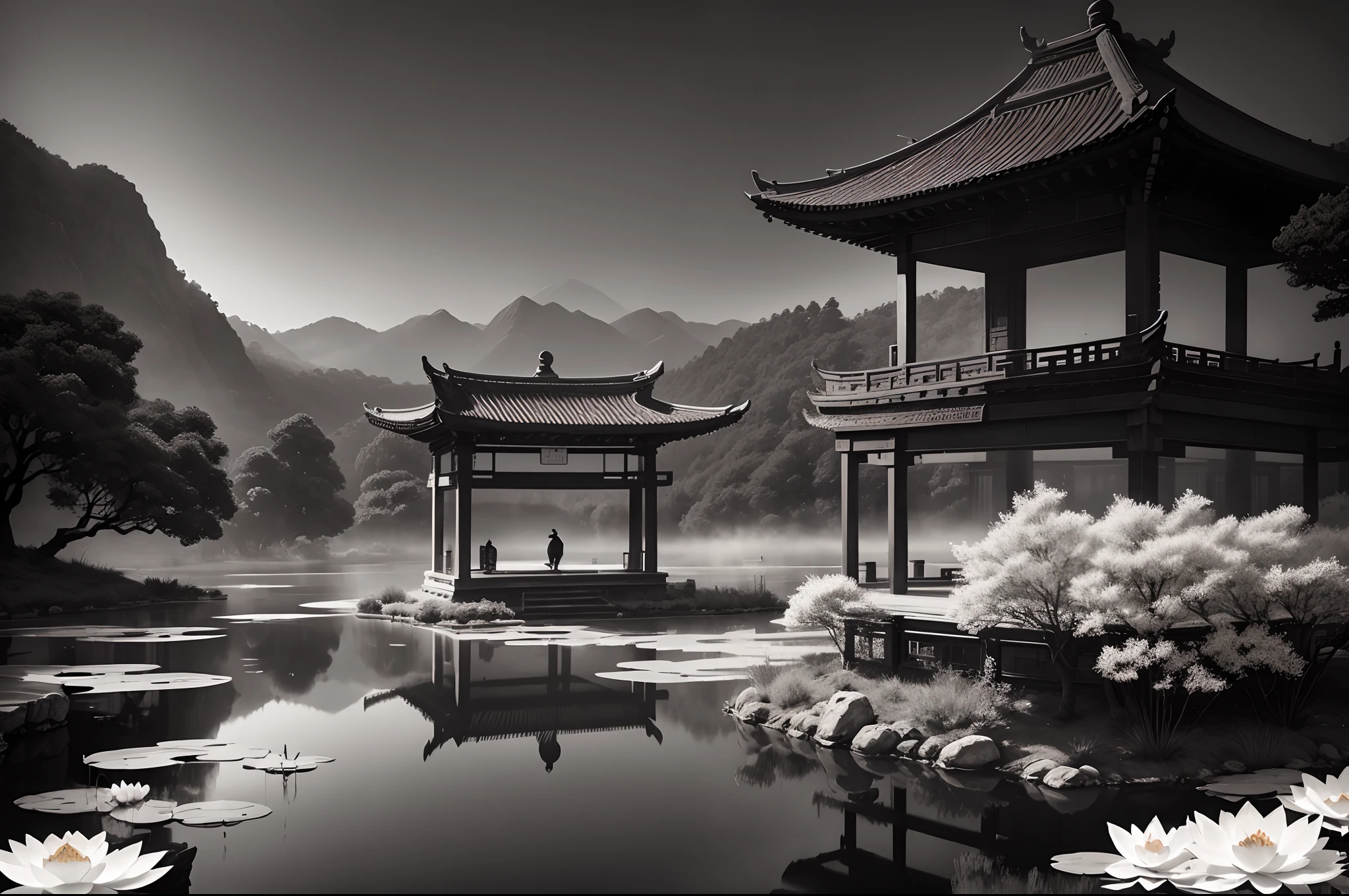 Chinese martial arts style, large area sky, ink style, outline light, atmospheric atmosphere, depth of field, mist rising, lake water, lotus flowers and leaves, small boats, pine trees, octagonal stone pavilions, arch bridges, night view,(No color)