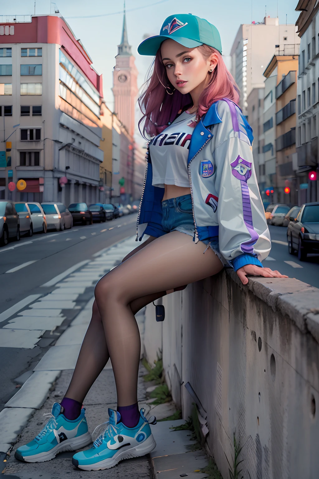 (Obra maestra, La mejor calidad)1.2, extremadamente detallado, 4k, girlish, solamente, Cara hermosa, En pie, cuerpo completo, Mirando al espectador, cabello rubio, ojos azules, baseball cap, Joven pionero, Red tie of young pioneers, Blusa escolar blanca, (Chaqueta rave de los 90), purple jacket, Falda escolar azul, black pantyhose, black sneakers brillantes, Calcetines blancos, Calcetines hasta la rodilla, Manos en los bolsillos, Noche, verano, URSS, Soviet city, Gloomy city, Edificios de paneles, 90s, Moda de los 90